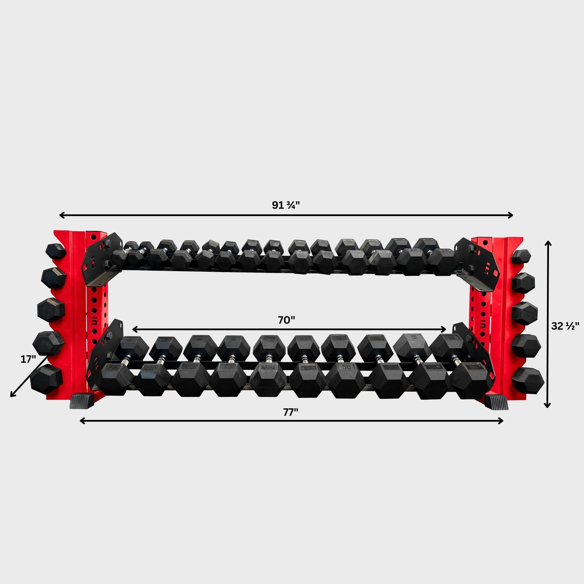 red 70-inch bravo 2-tier horizontal dumbbell storage rack loaded with hex dumbbells and its product dimensions