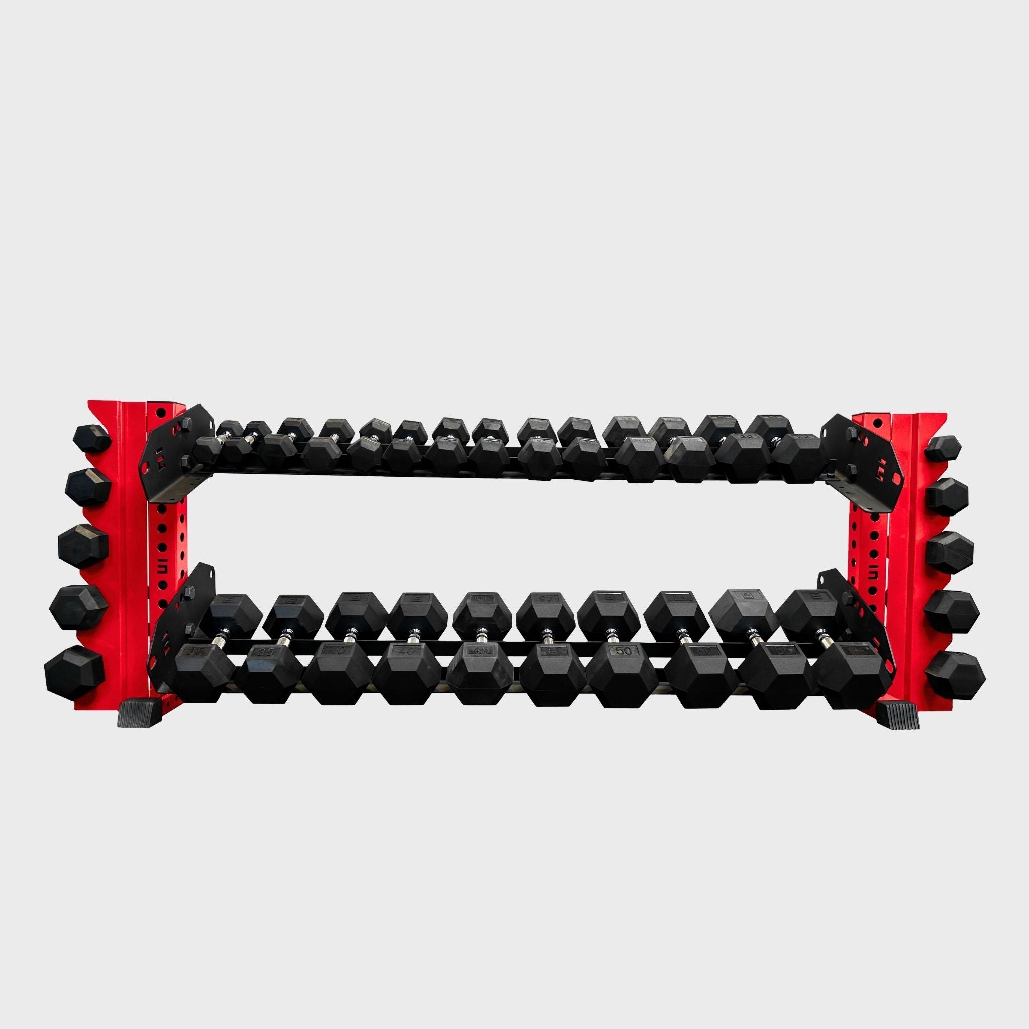 red 70-inch bravo 2-tier horizontal dumbbell storage rack loaded with hex dumbbells