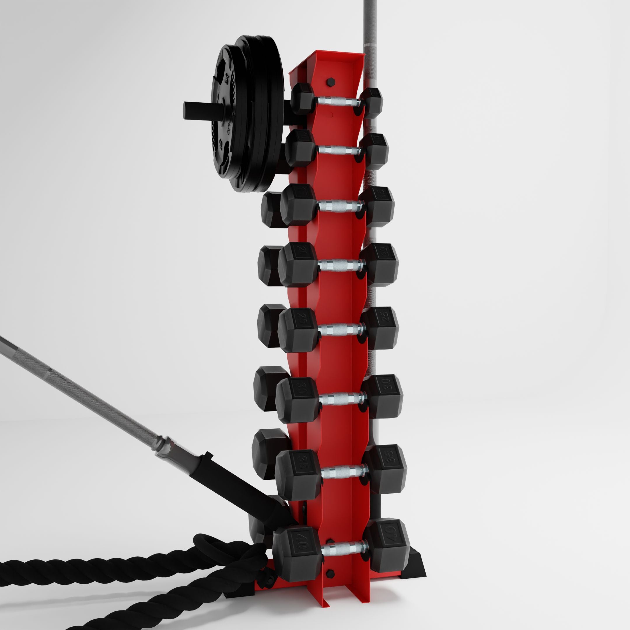 red alpha 8-tier vertical dumbbell storage rack storing dumbbells, weight plates, barbells, and a battle rope using storage attachment accessories