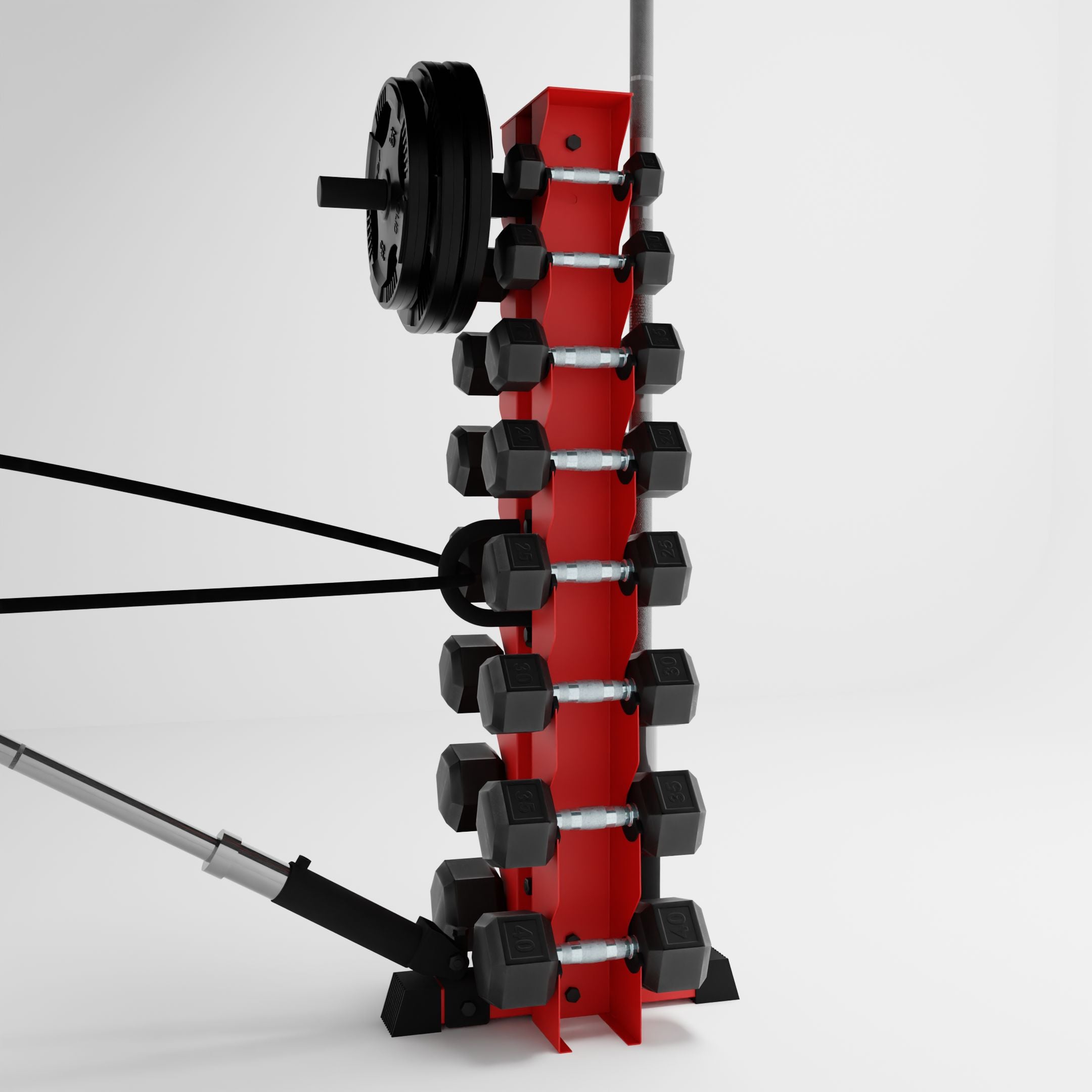 red alpha 8-tier vertical dumbbell storage rack storing dumbbells, weight plates, barbells, and a resistance band using storage attachment accessories