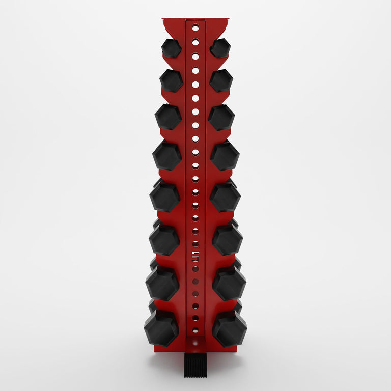 red alpha 8-tier vertical dumbbell storage rack storing hex dumbbells