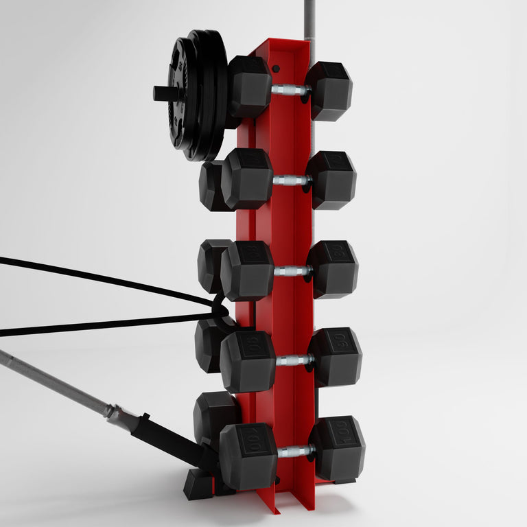 red alpha elite vertical dumbbell storage rack with accessories holding dumbbells, weight plates, barbells, and a resistance band
