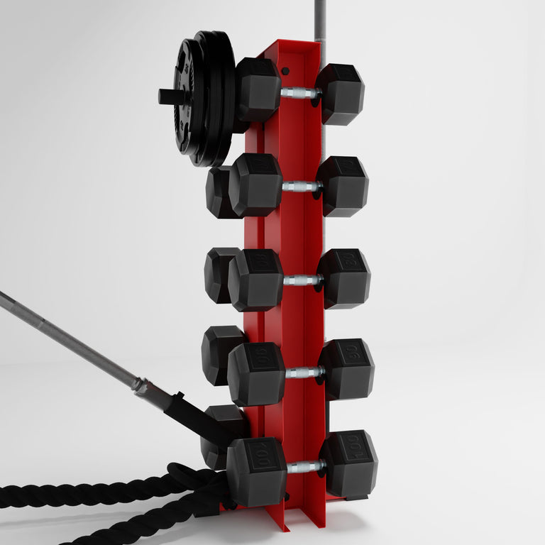 red alpha elite vertical dumbbell storage rack with accessories holding dumbbells, weight plates, barbells, and a battle rope