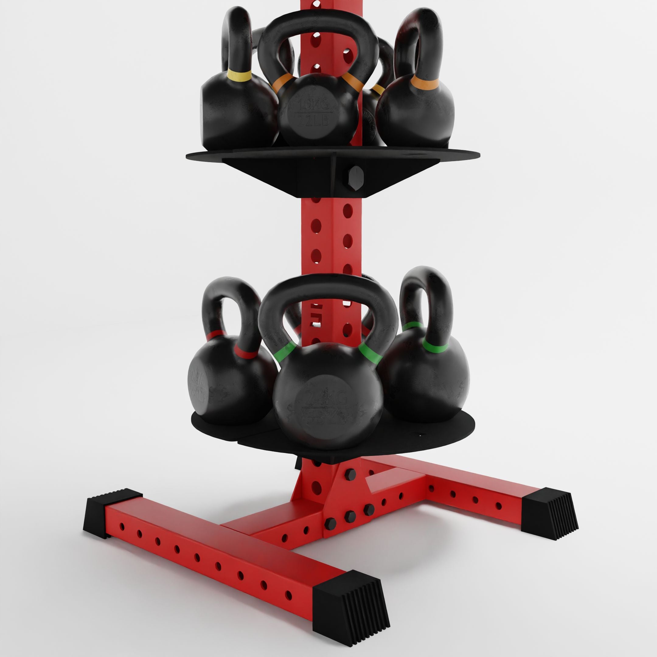 red alpha pk vertical hybrid plate and kettlebell storage rack base storing kettlebells