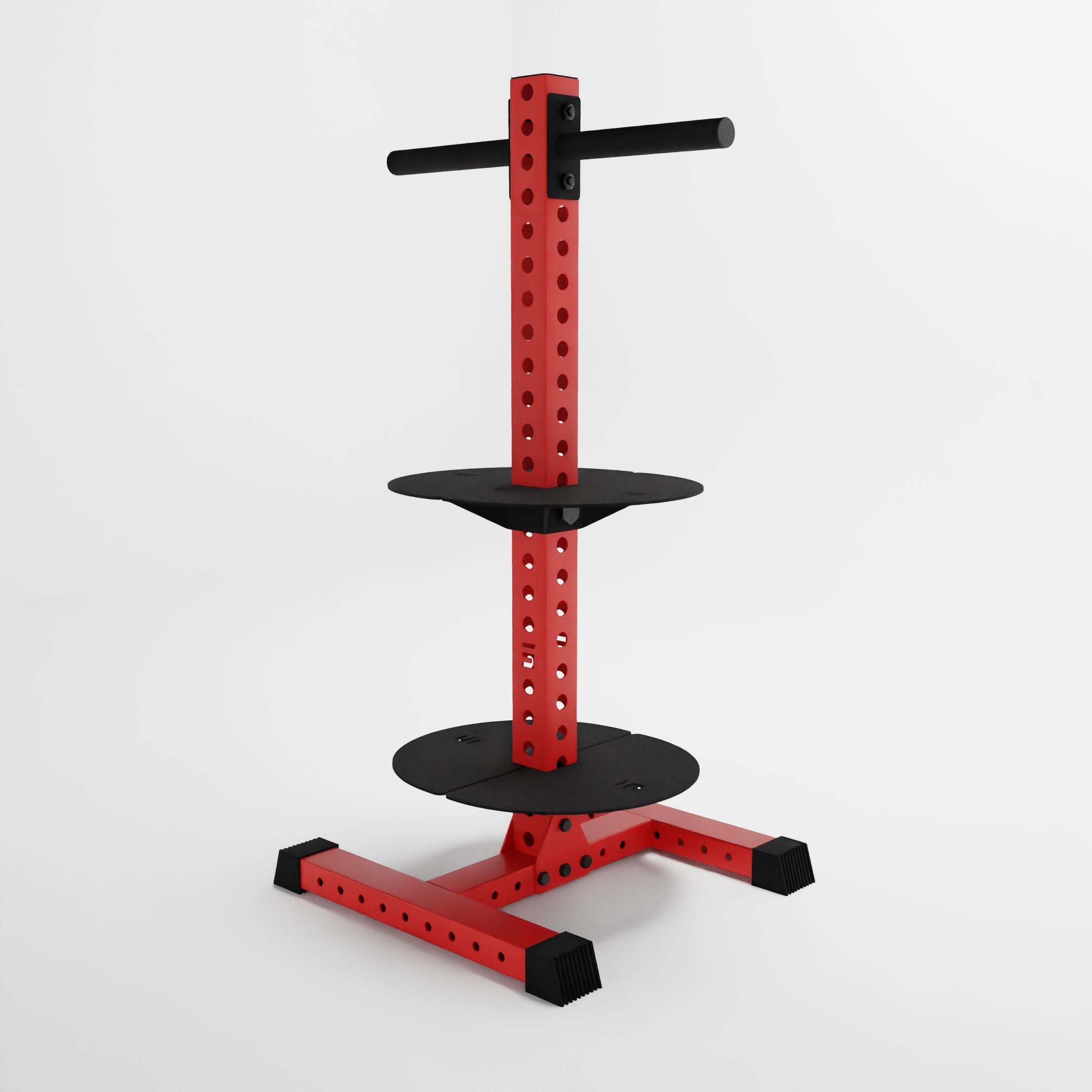 red alpha pk vertical hybrid plate and kettlebell storage rack side view