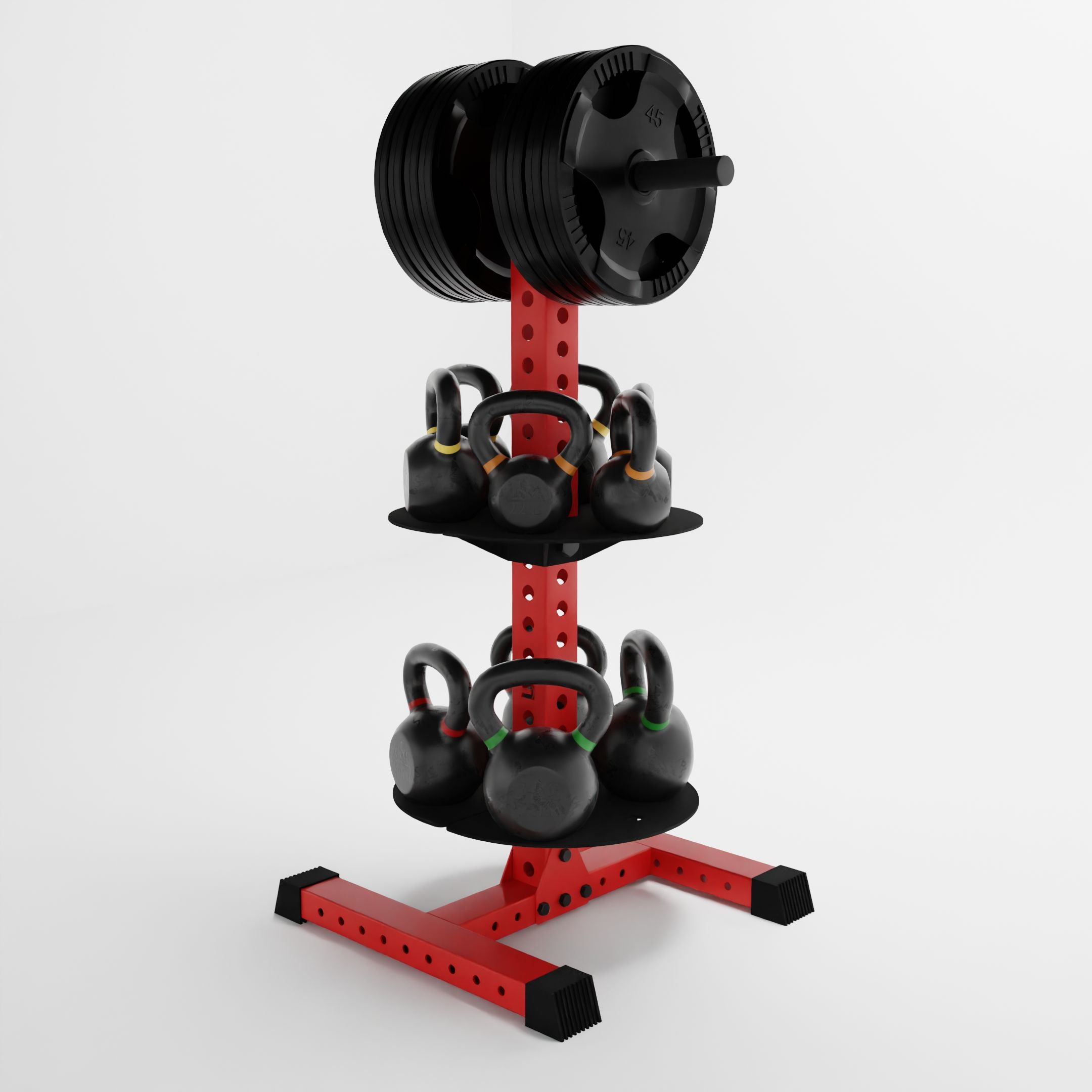 red alpha pk vertical hybrid plate and kettlebell storage rack storing weight plates and kettlebells side view