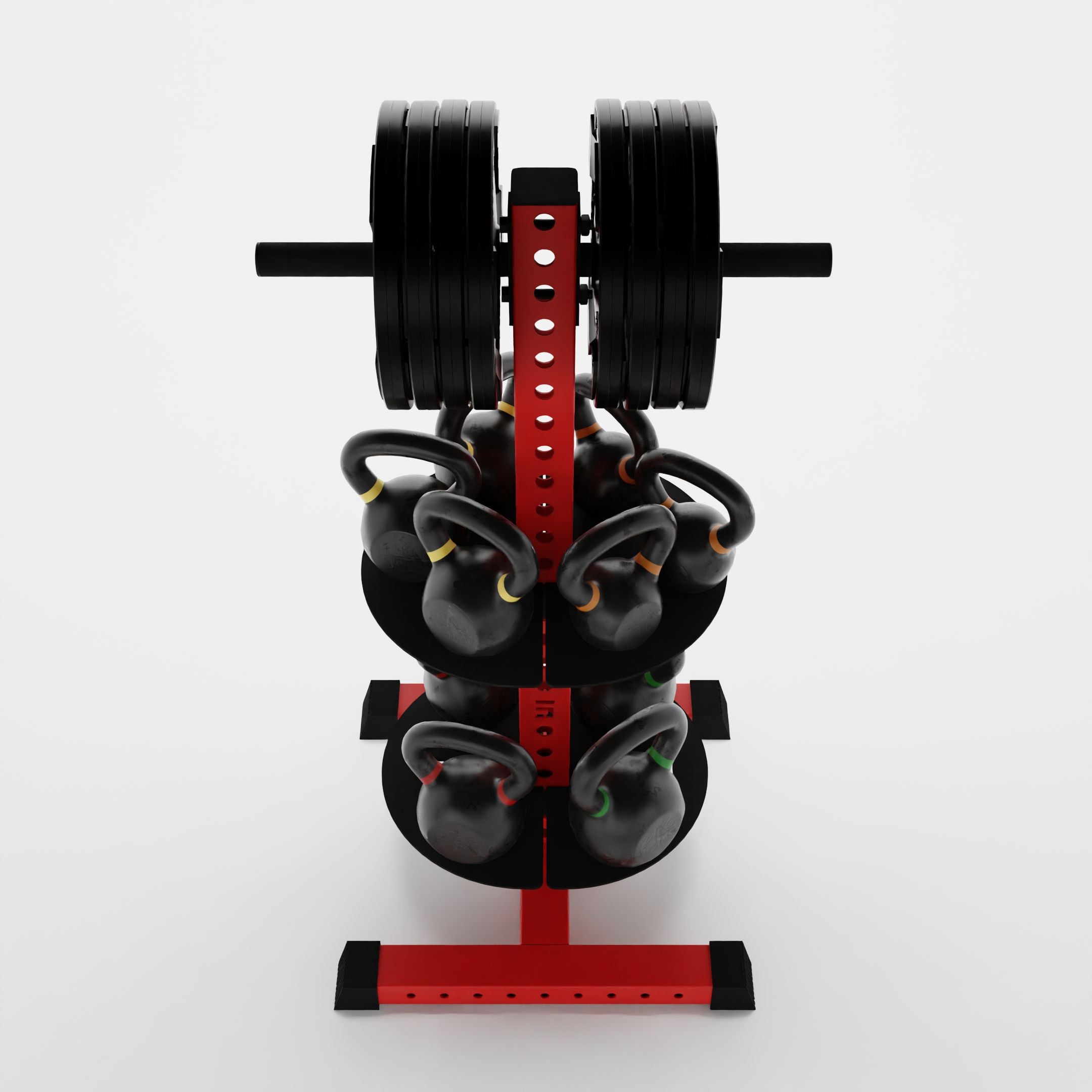 red alpha pk vertical hybrid plate and kettlebell storage rack storing weight plates and kettlebells top view