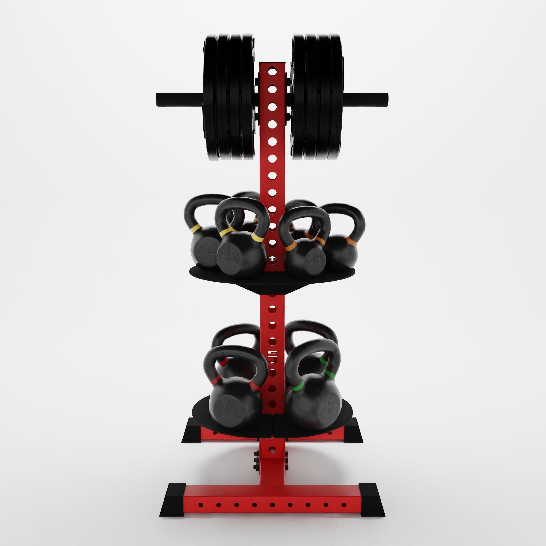 red alpha pk vertical hybrid plate and kettlebell storage rack storing weight plates and kettlebells