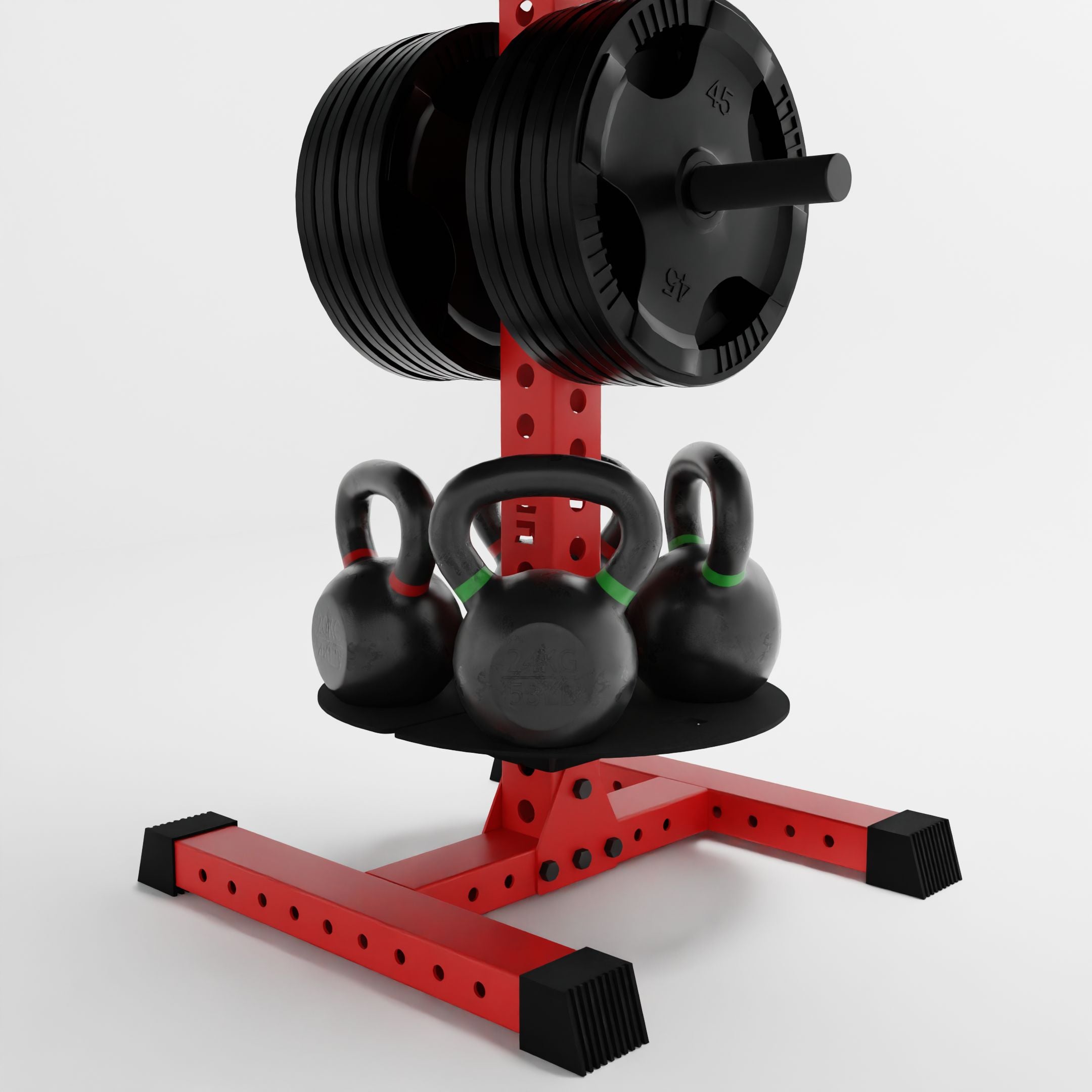 red alpha pk vertical hybrid plate and kettlebell storage rack base storing weight plates and kettlebells