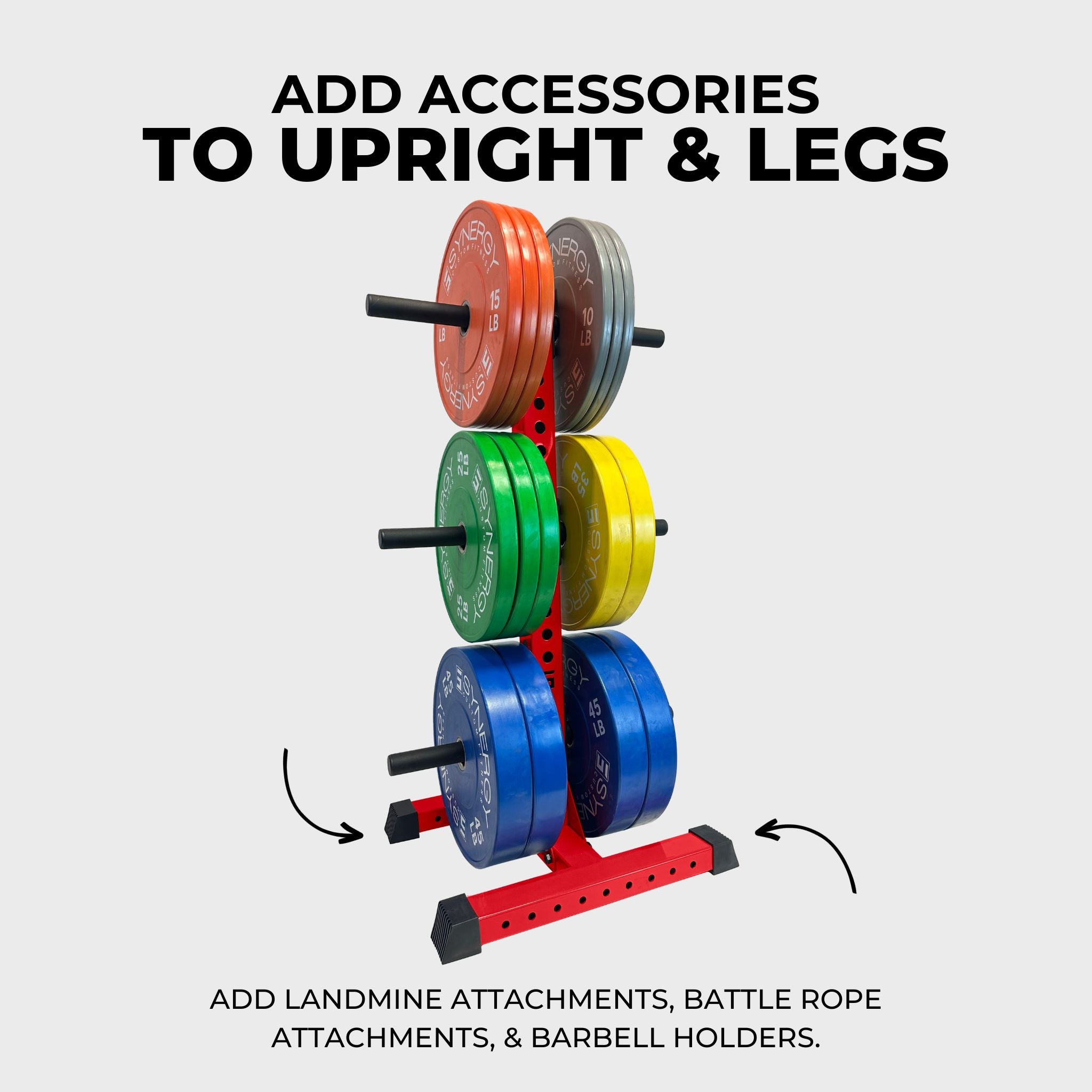 red alpha vertical weight plate storage tree with six weight plate holders holding various weight plates and text that reads "add accessories to upright & legs, add landmine attachments, battle rope attachments, & barbell holders"