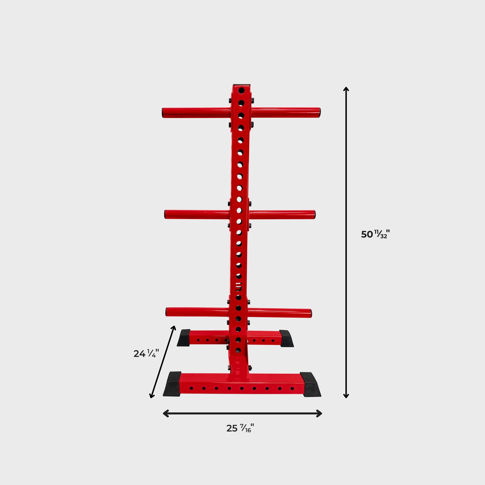 red alpha vertical weight plate storage tree with six weight plate holders and its dimensions: height 50 11/32 inches, length 25 7/16 inches, width 24 1/4 inches