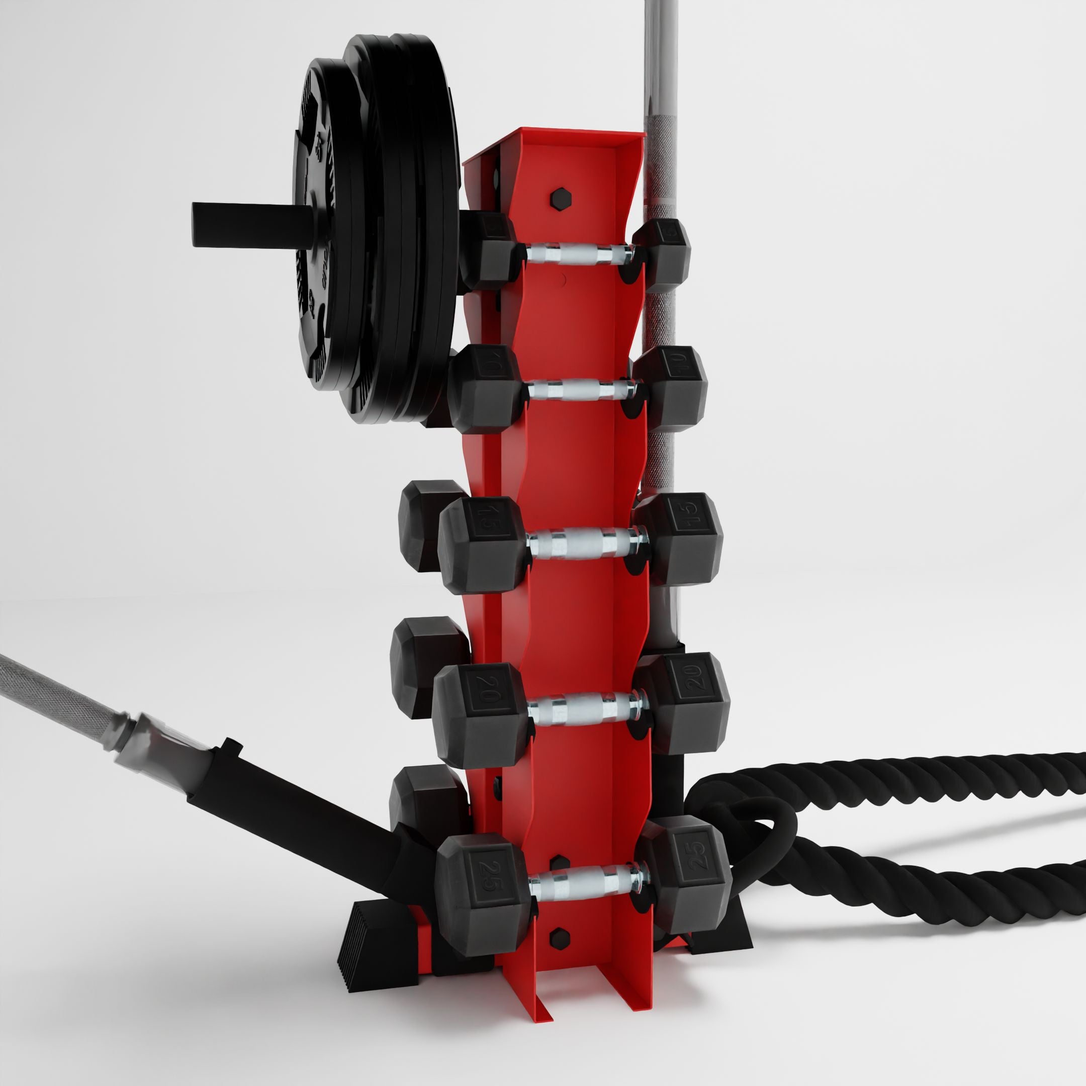 red bravo 5-tier vertical dumbbell storage rack storing dumbbells, weight plates, barbells, and a battle rope using storage attachment accessories