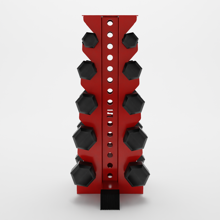 red bravo 5-tier vertical dumbbell storage rack storing hex dumbbells