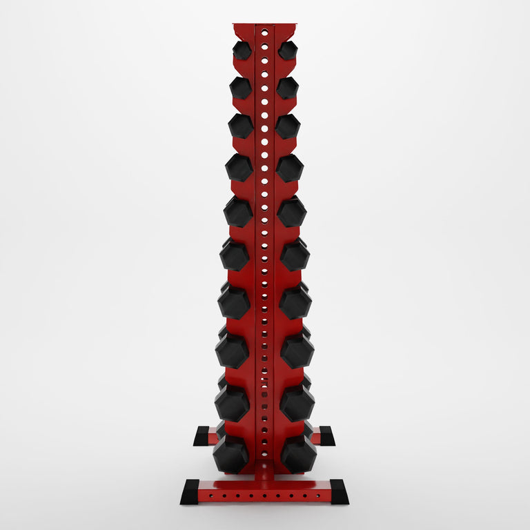 red delta 10-tier vertical dumbbell storage rack storing hex dumbbells