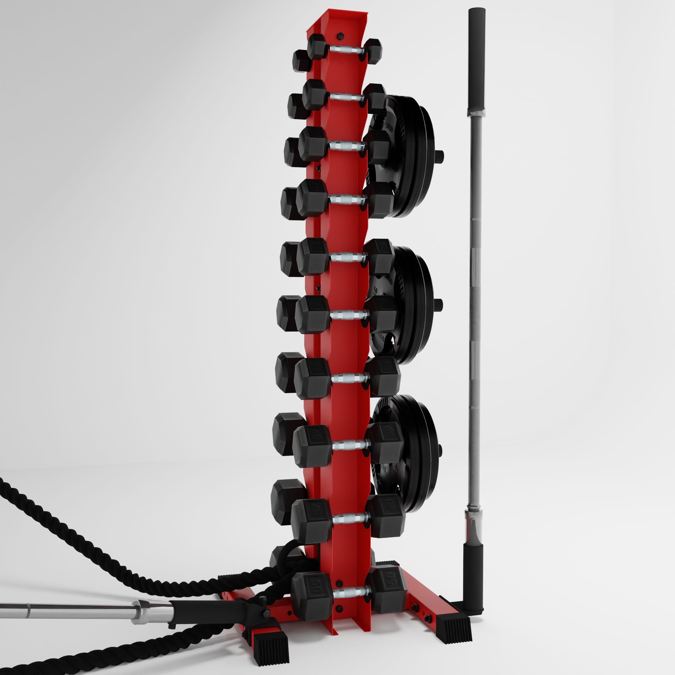 red delta 10-tier vertical dumbbell storage rack storing dumbbells, weight plates, barbells, and a battle rope using storage attachment accessories