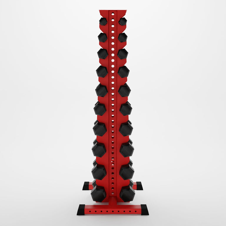 red delta 10-tier vertical dumbbell storage rack storing hex dumbbells