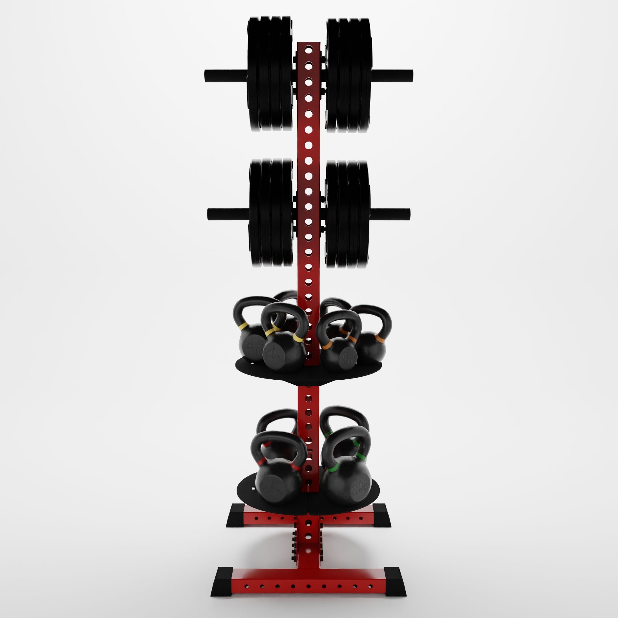 red delta pk vertical hybrid weight plate and kettlebell storage rack storing weight plates and kettlebells