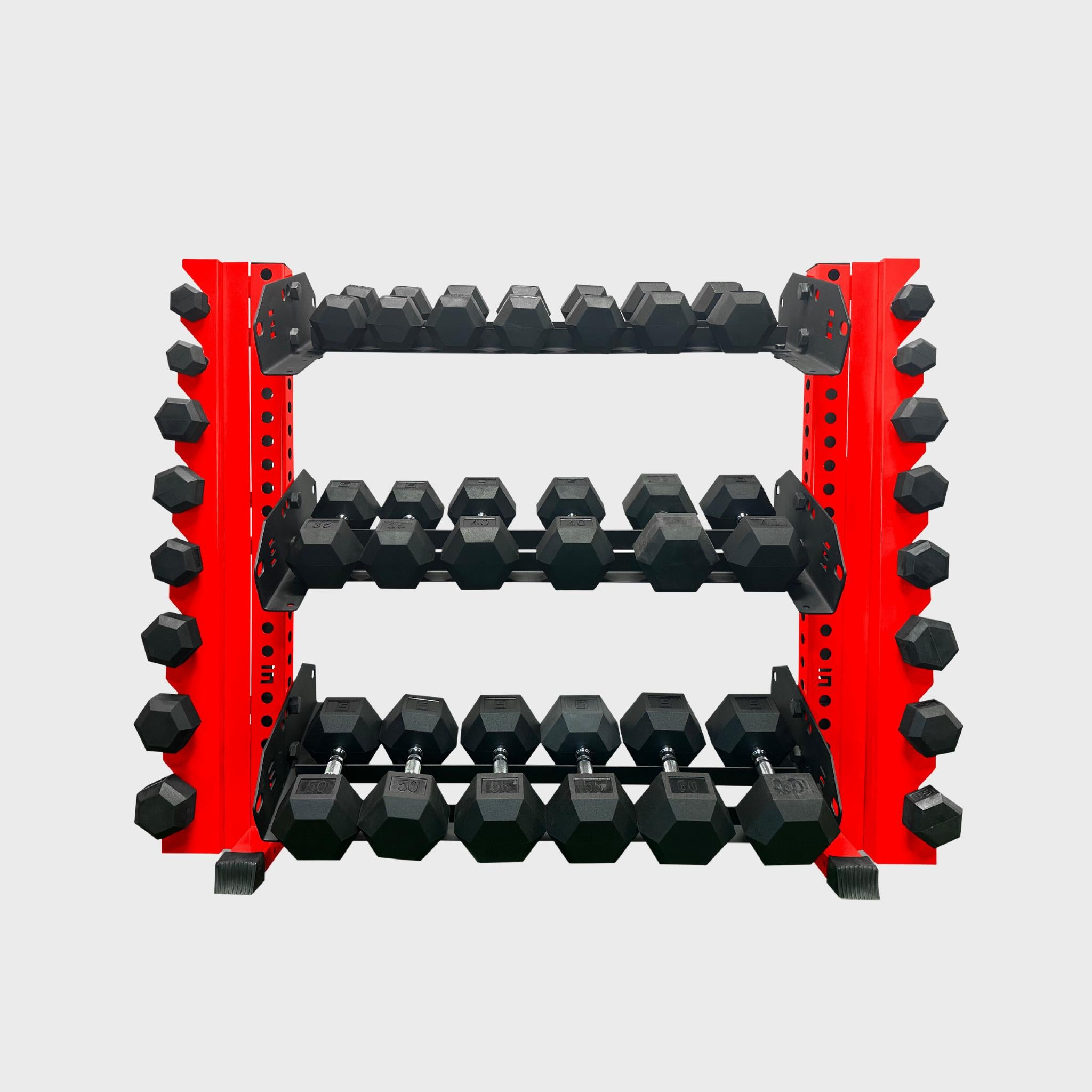 43 inch red alpha 3-tier horizontal dumbbell rack loaded with hex dumbbells and vertical add-ons