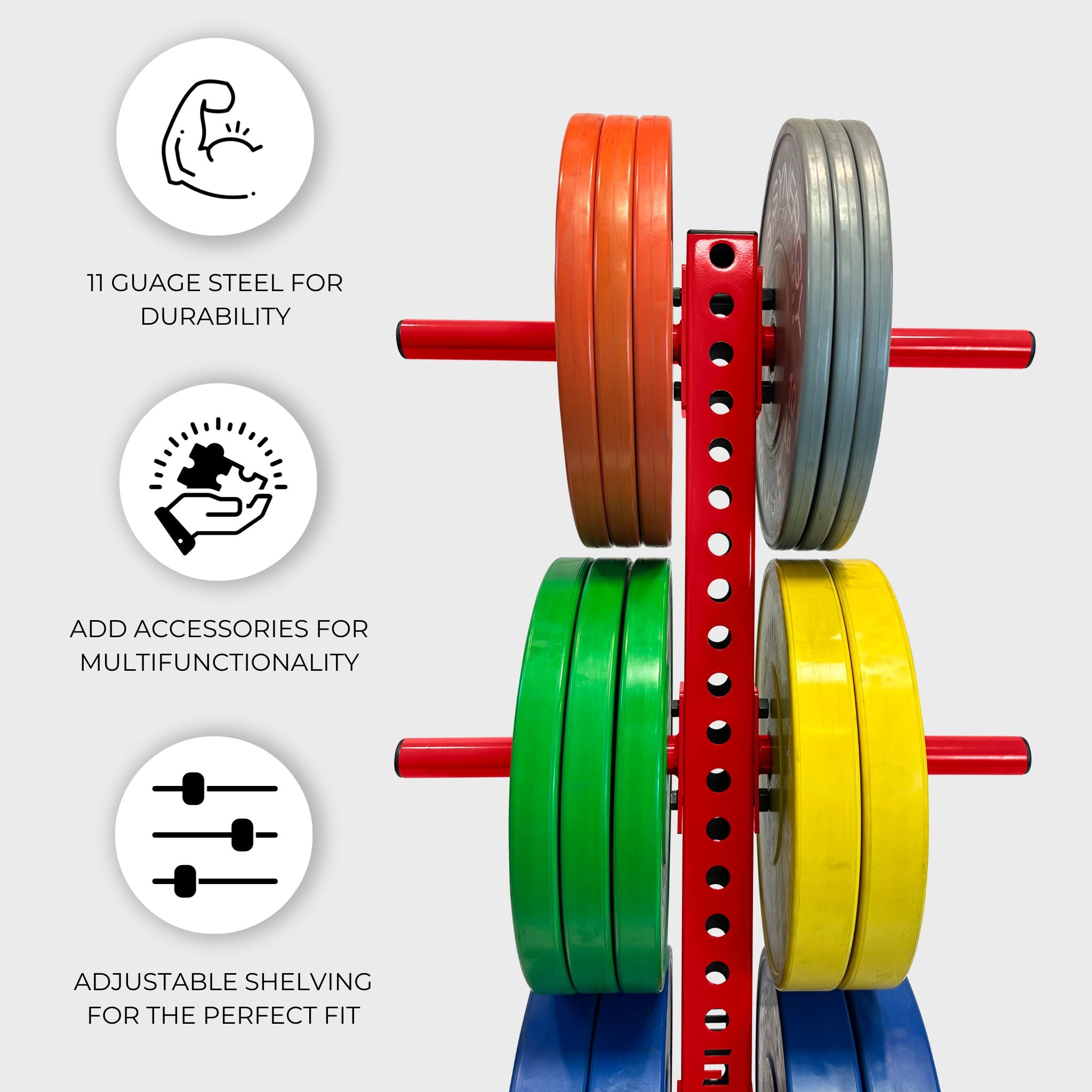 red vertical weight plate storage tree with six weight plate holders holding various weight plates and text that reads "11 gauge steel for durability, add accessories for multifunctionality, adjustable shelving for the perfect fit"