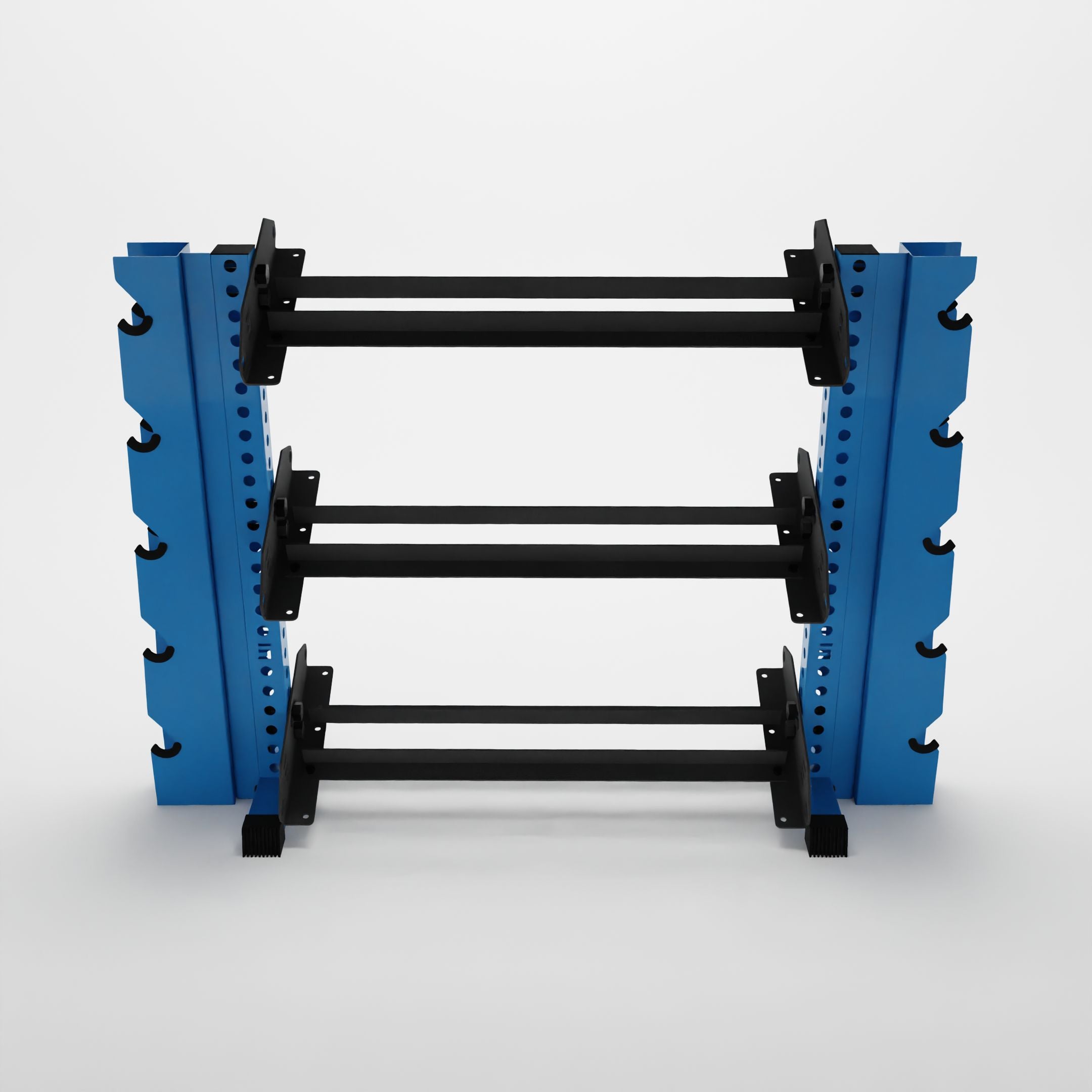 synergy blue 43-inch alpha 3-tier horizontal dumbbell rack with elite vertical add-ons