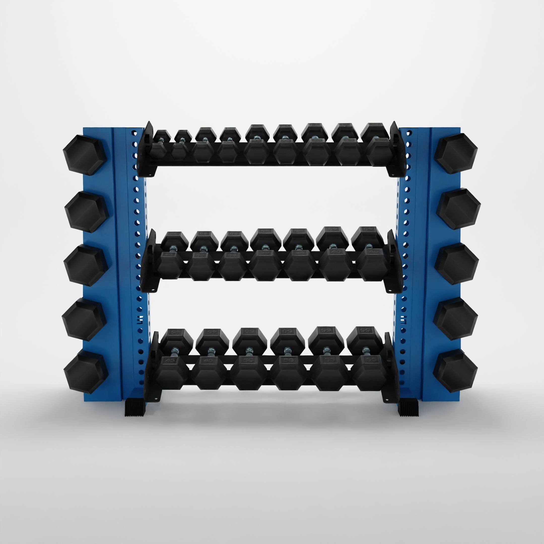 synergy blue 43-inch alpha 3-tier horizontal dumbbell rack with elite vertical add-ons storing hex dumbbells