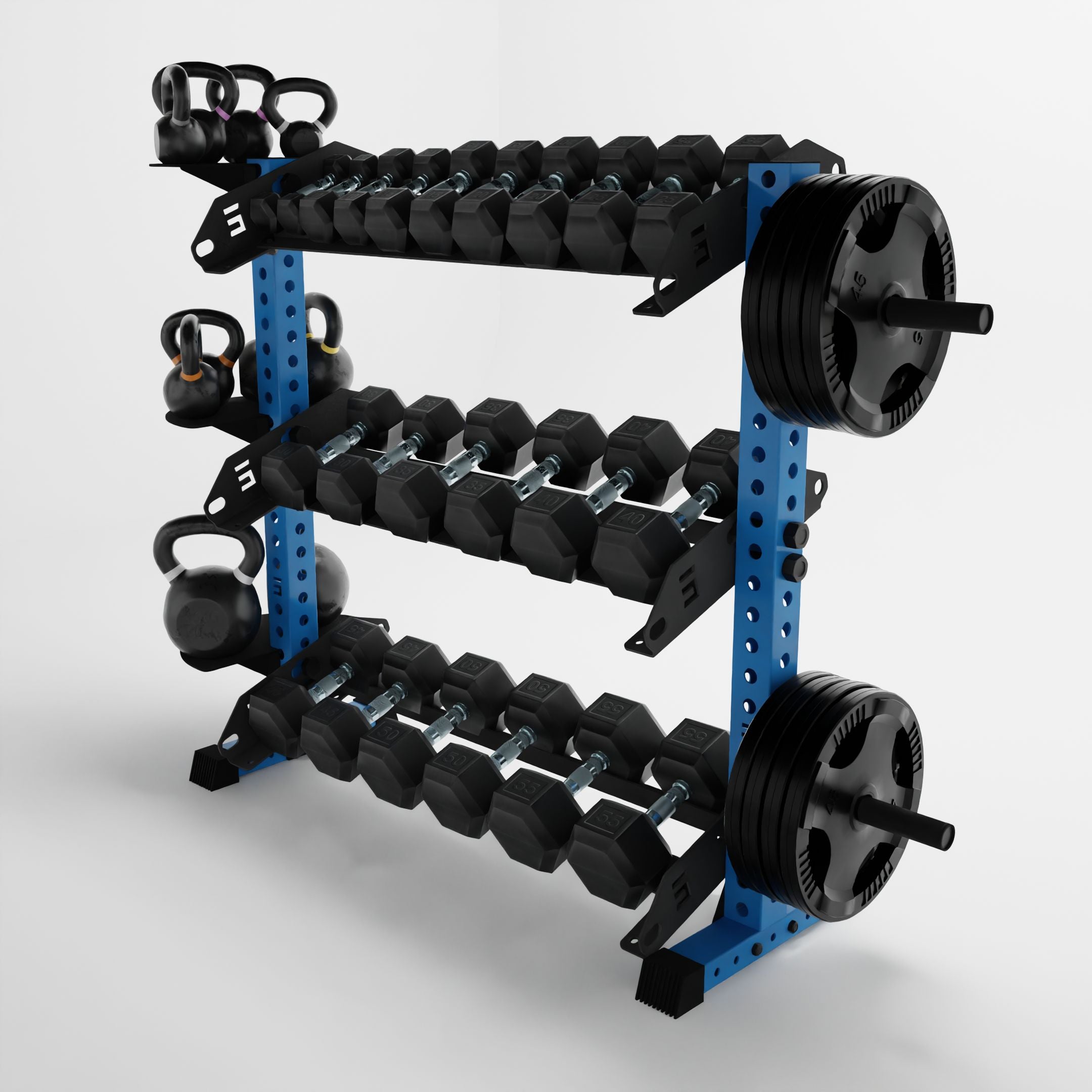 synergy blue 43-inch alpha 3-tier horizontal dumbbell rack storing dumbbells, weight plates, and kettlebells using storage attachment accessories