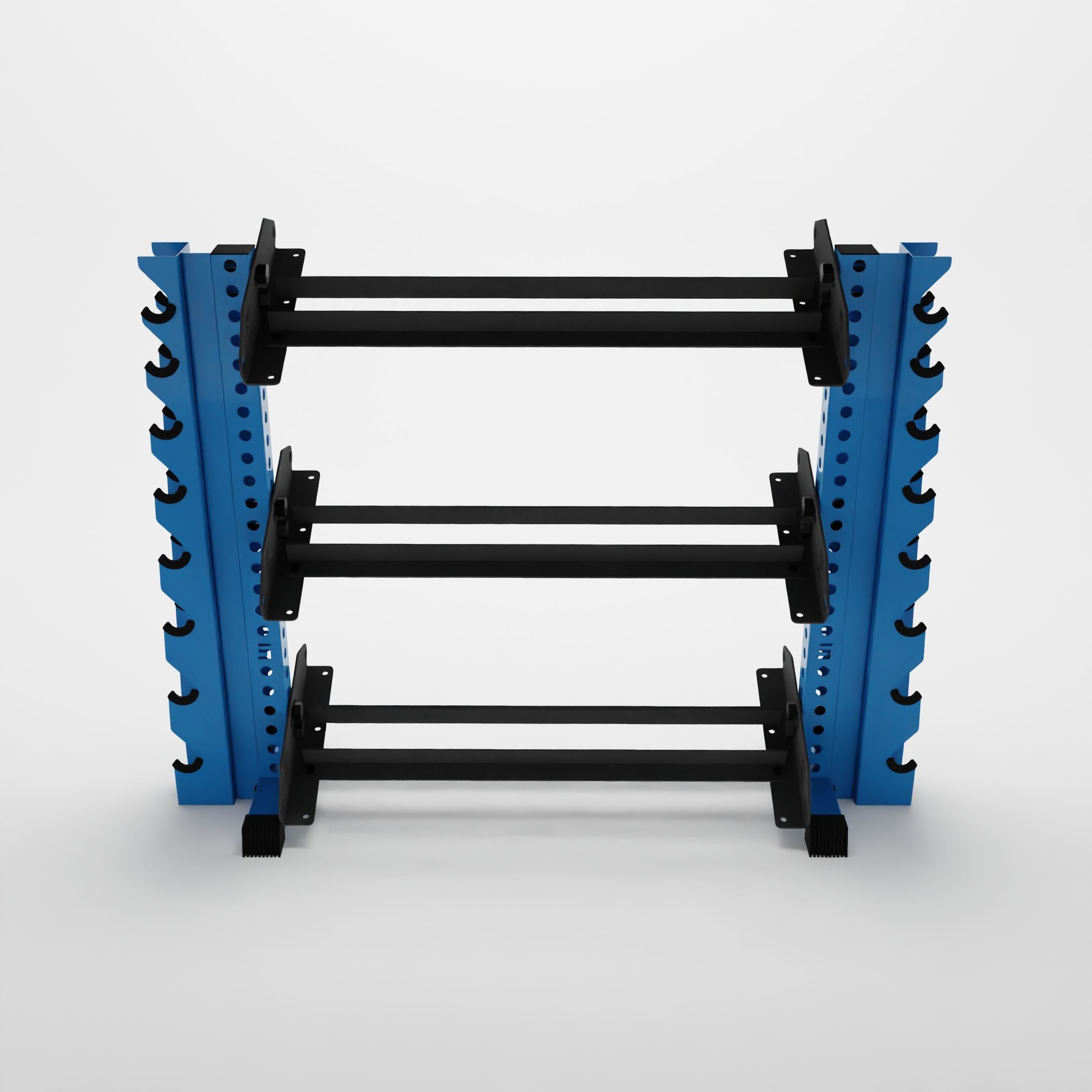 synergy blue 43-inch alpha 3-tier horizontal dumbbell rack with vertical add-ons