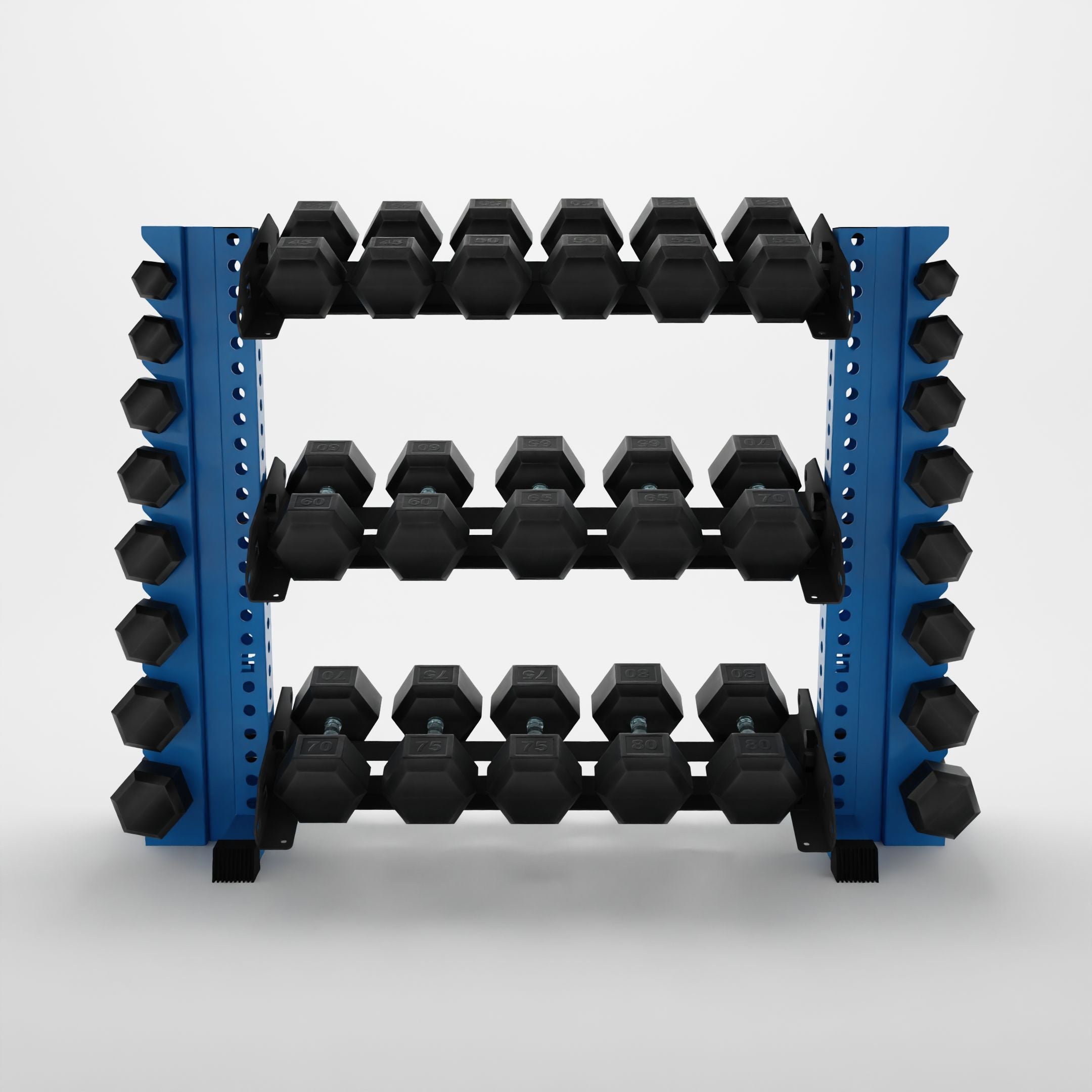 synergy blue 43-inch alpha 3-tier horizontal dumbbell rack with vertical add-ons storing hex dumbbells