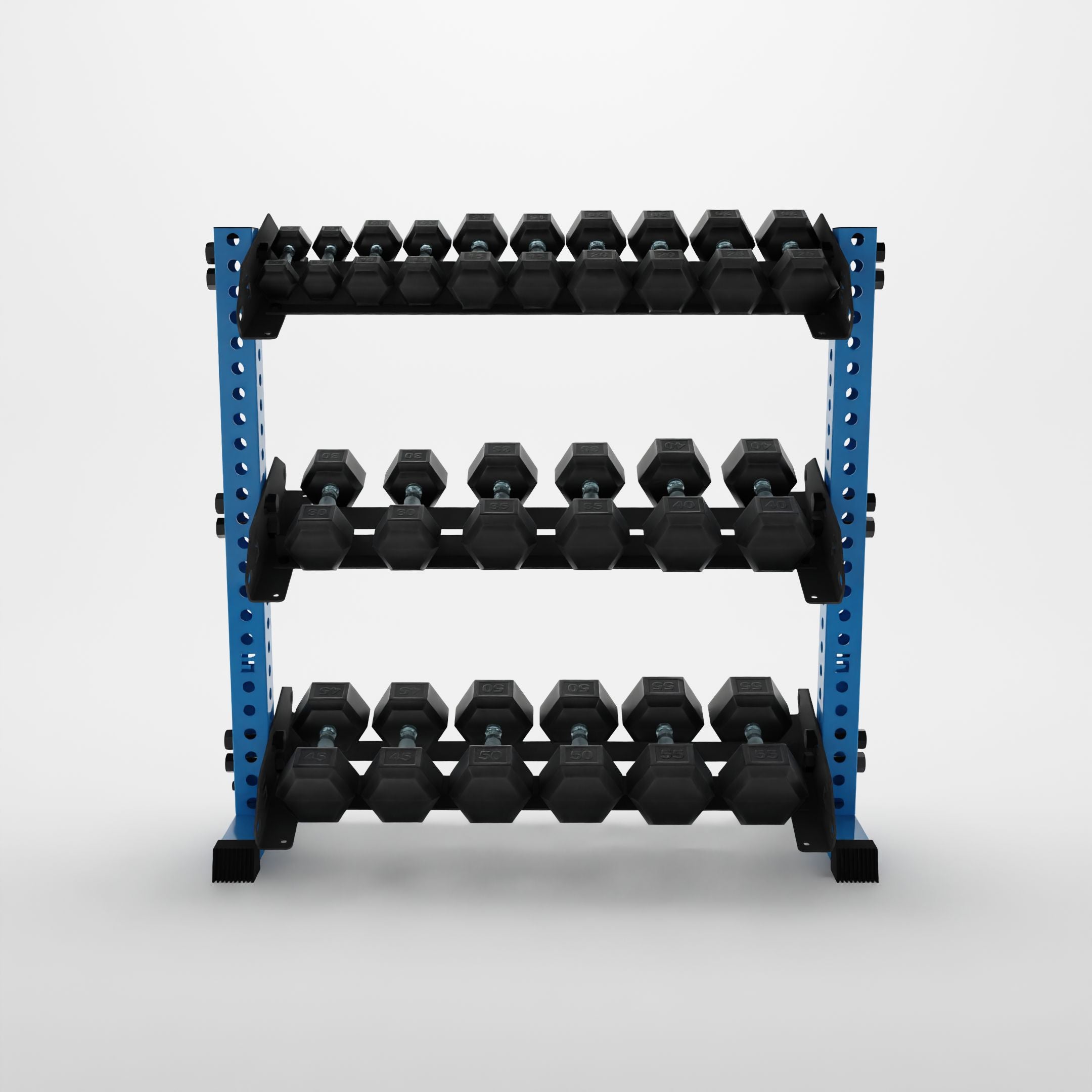 synergy blue 43-inch alpha 3-tier horizontal dumbbell rack storing hex dumbbells