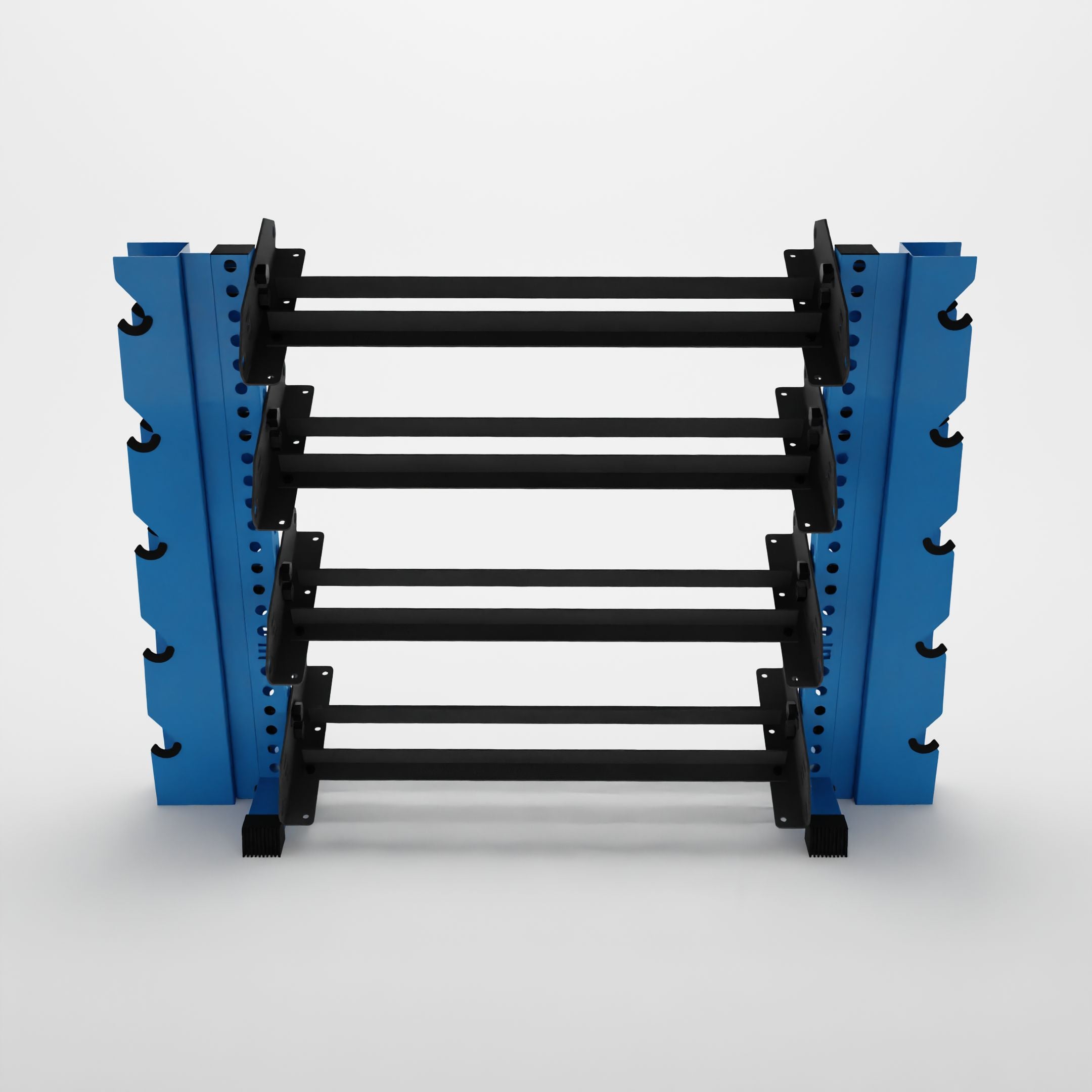 synergy blue 43-inch alpha 4-tier horizontal dumbbell rack with elite vertical add-ons