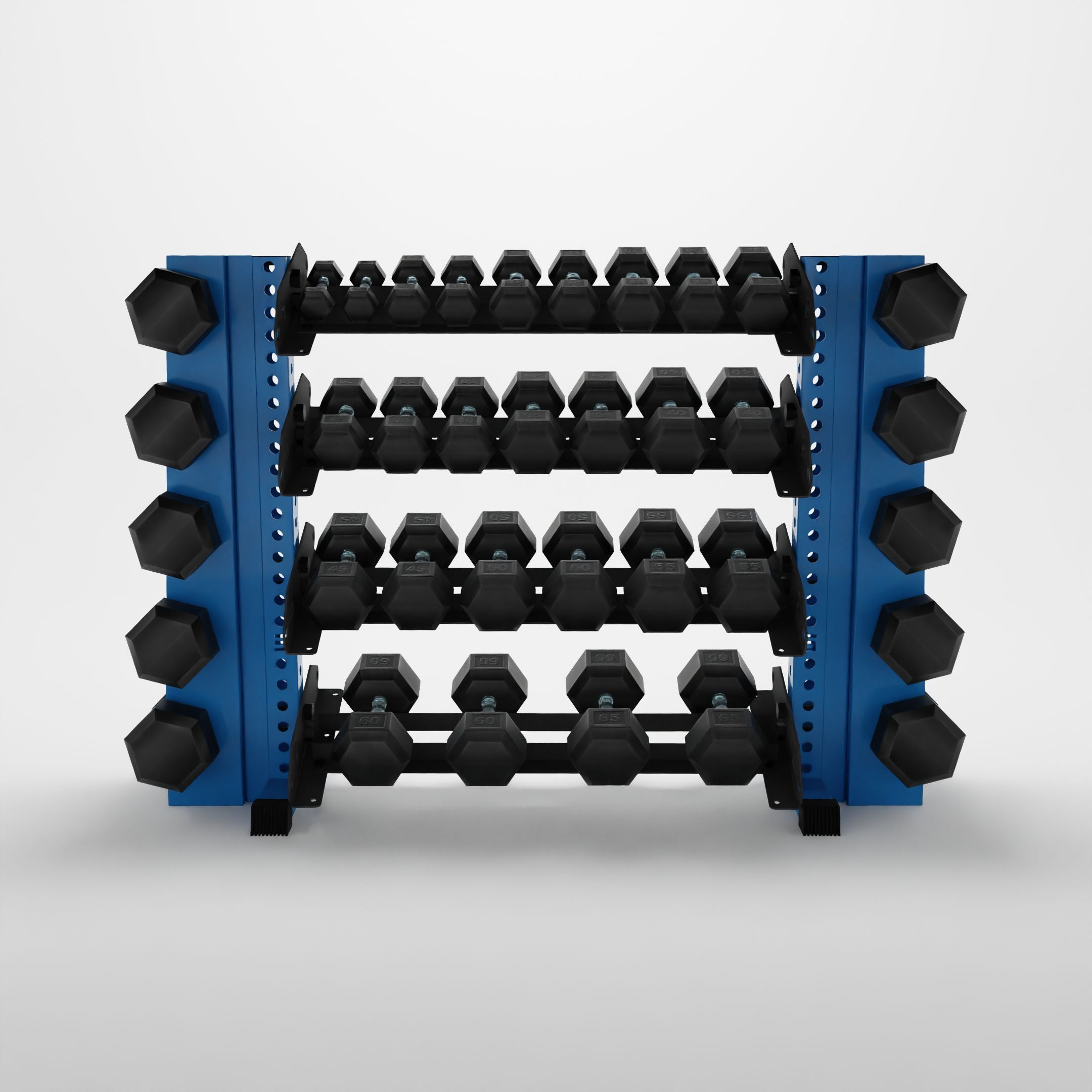 synergy blue 43-inch alpha 4-tier horizontal dumbbell with elite vertical add-ons storing hex dumbbells