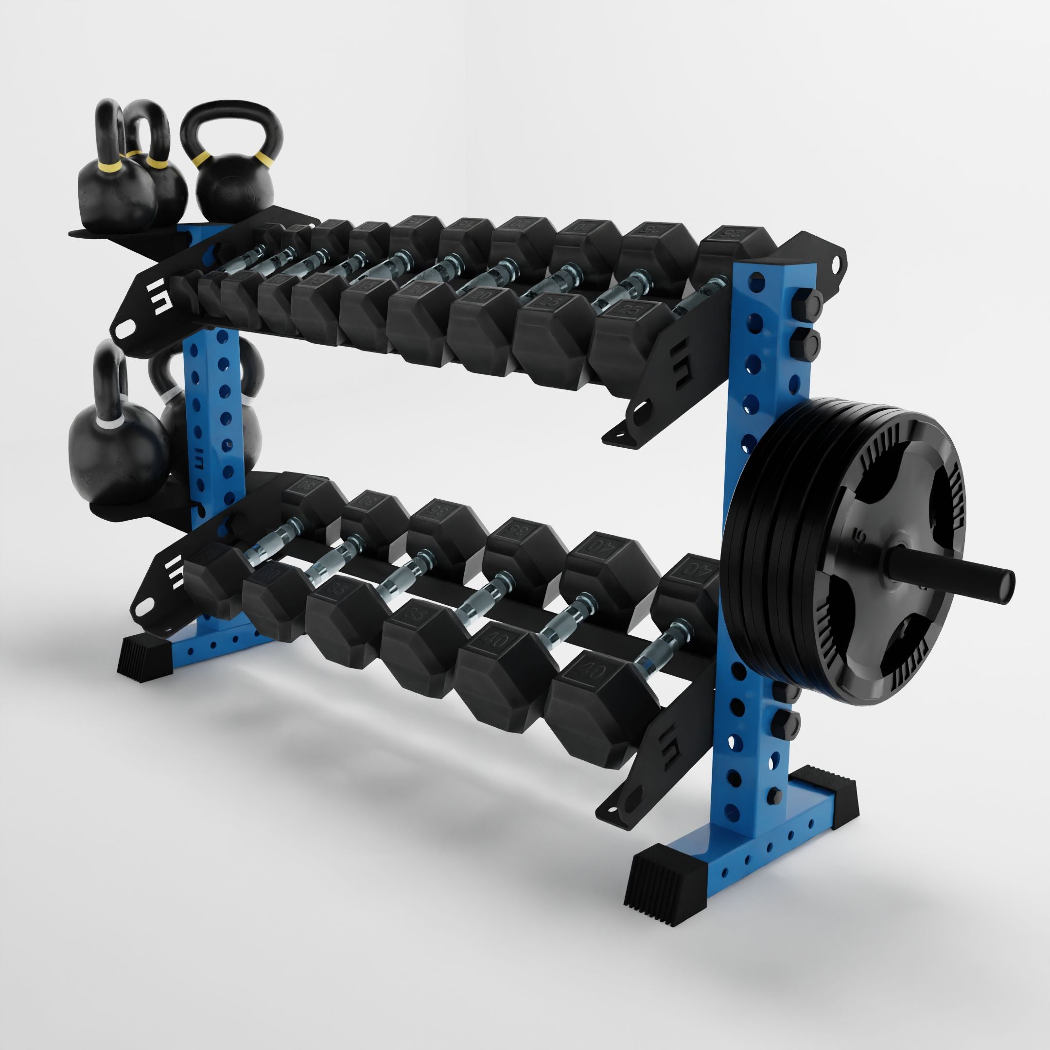 synergy blue 43-inch bravo 2-tier horizontal dumbbell rack storing dumbbells, weight plates, and kettlebells using storage attachment accessories