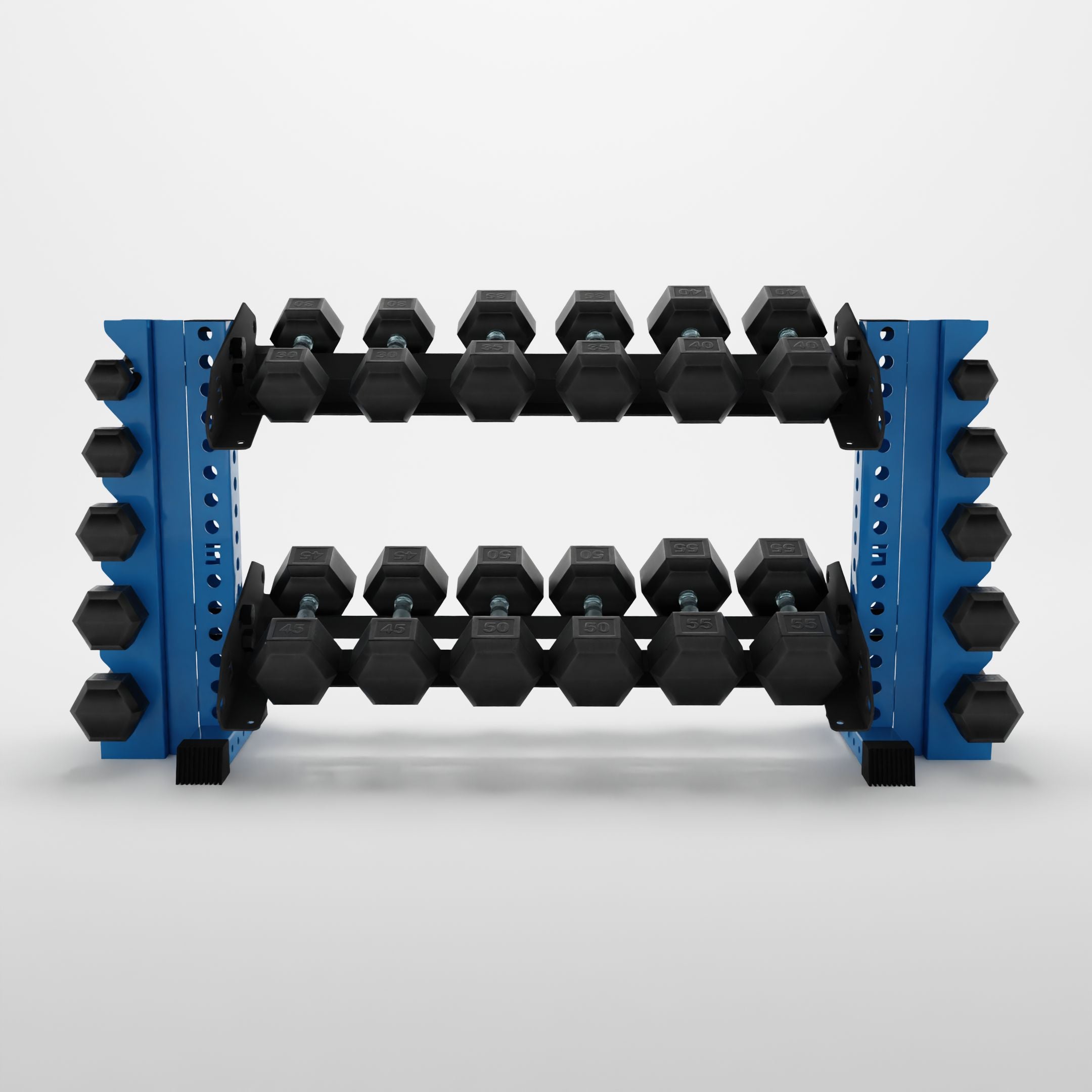 synergy blue 43-inch bravo 2-tier horizontal dumbbell rack with vertical add-ons storing hex dumbbells