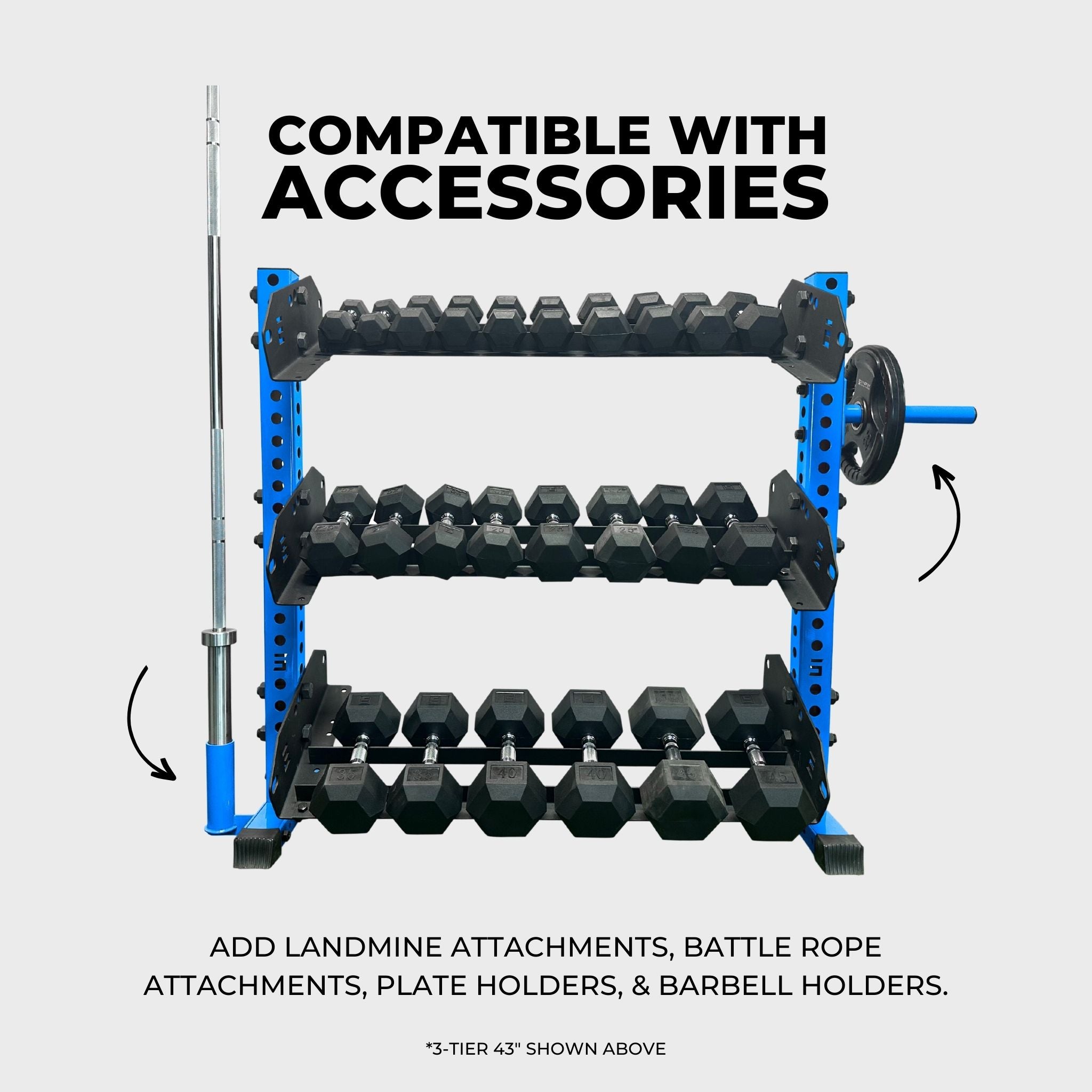 synergy blue 3-tier horizontal dumbbell rack holding hex dumbbells, a barbell in a barbell holder attachment accessory, and a weight plate on a weight plate holder attachment accessory with text reading "compatible with accessories: add landmine attachments, battle rope attachments, plate holders, and barbell holders"