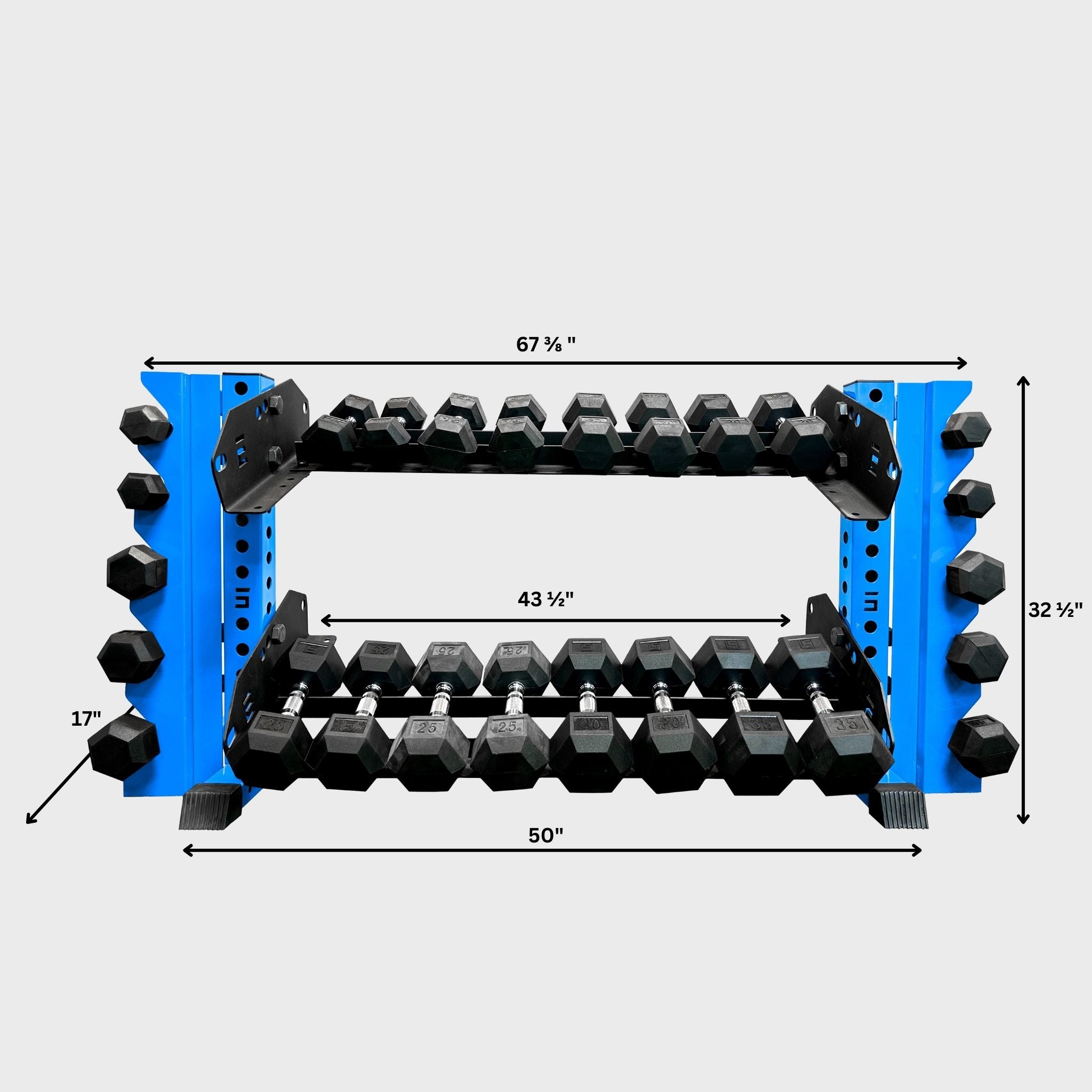 synergy blue 43-inch bravo 2-tier horizontal dumbbell storage rack loaded with hex dumbbells and its product dimensions