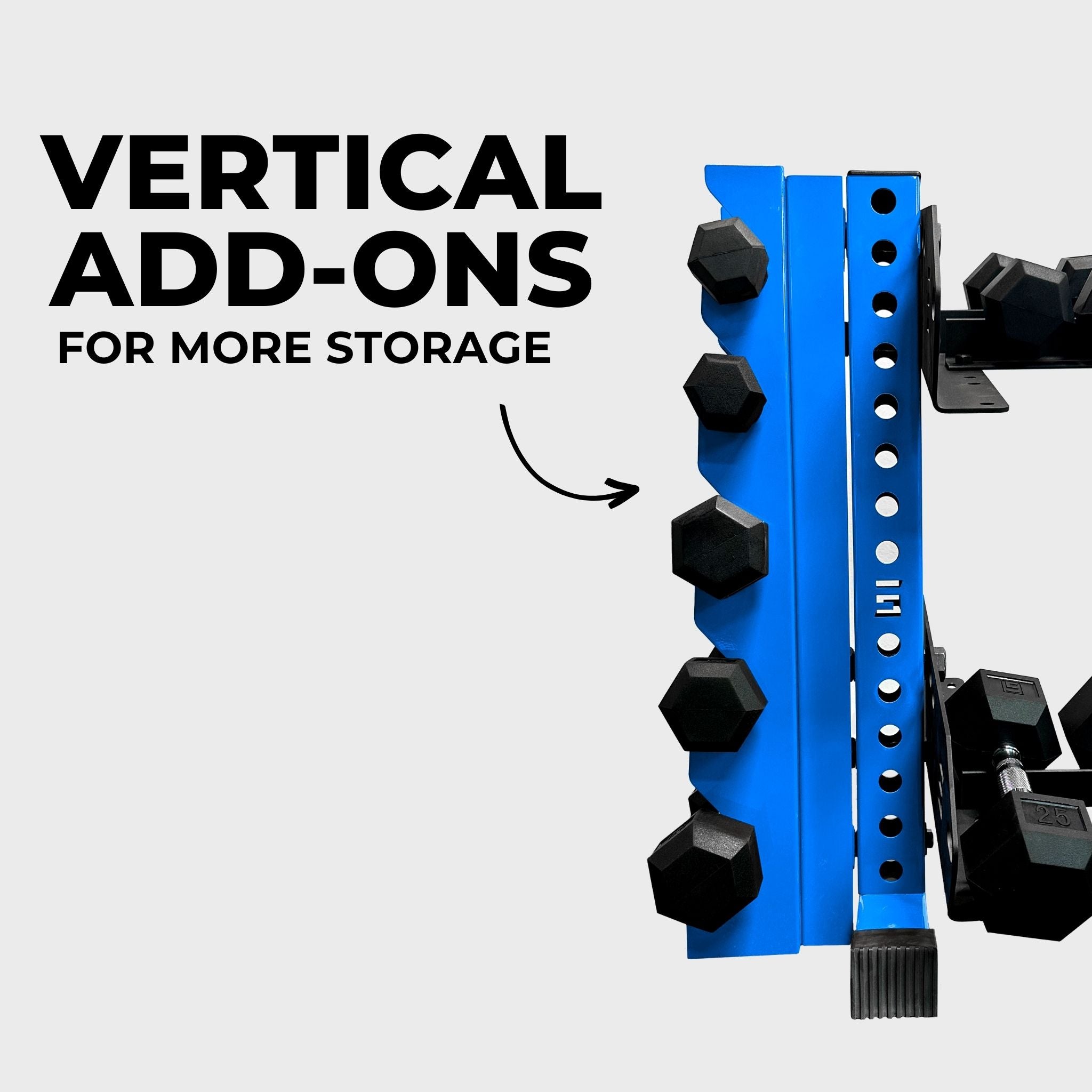 synergy blue 43-inch bravo 2-tier horizontal dumbbell storage rack holding hex dumbbells with a vertical add-on and text reading "vertical add-ons for more storage"