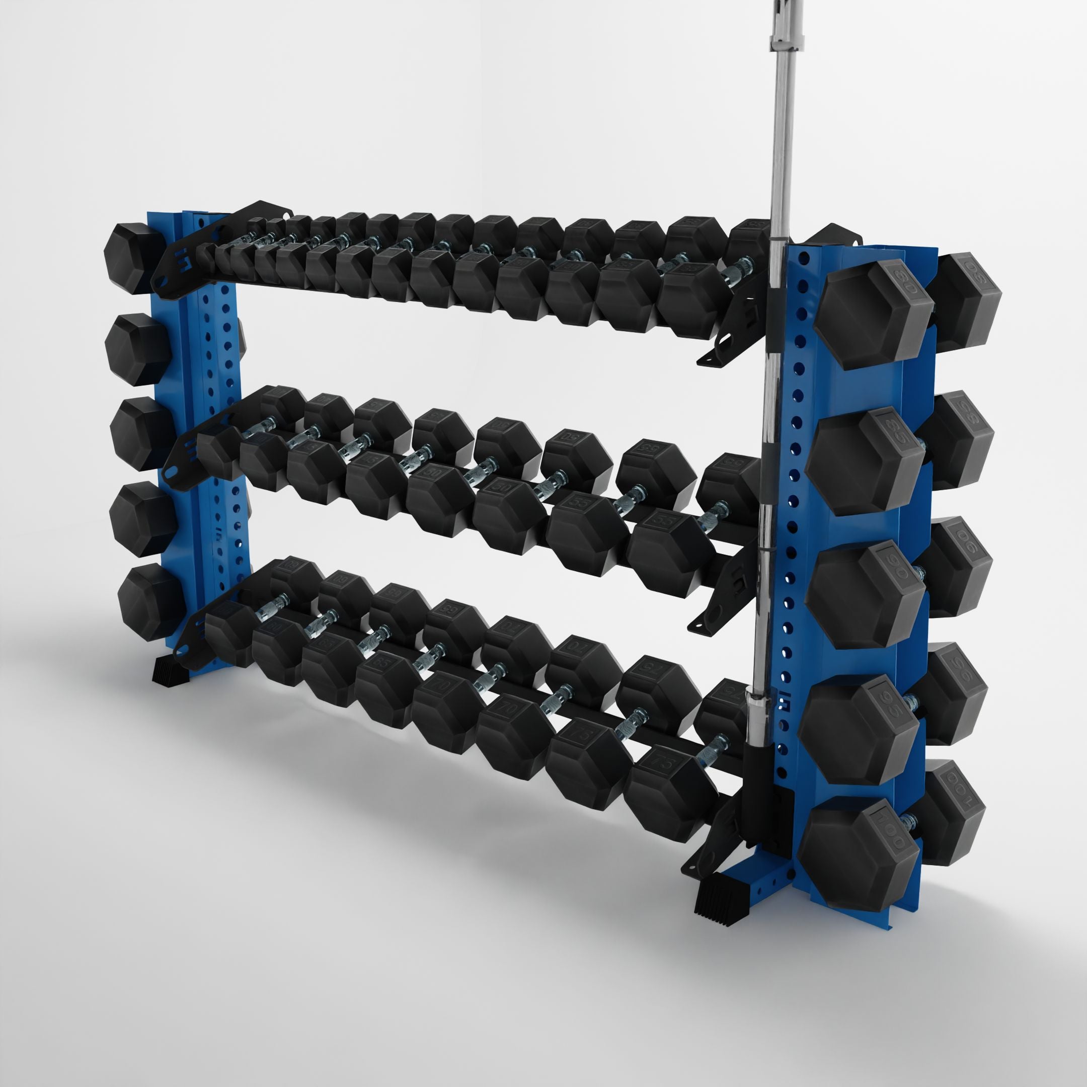 synergy blue 70-inch alpha 3-tier horizontal dumbbell rack with elite vertical add-ons storing dumbbells and a barbell using a storage attachment accessory