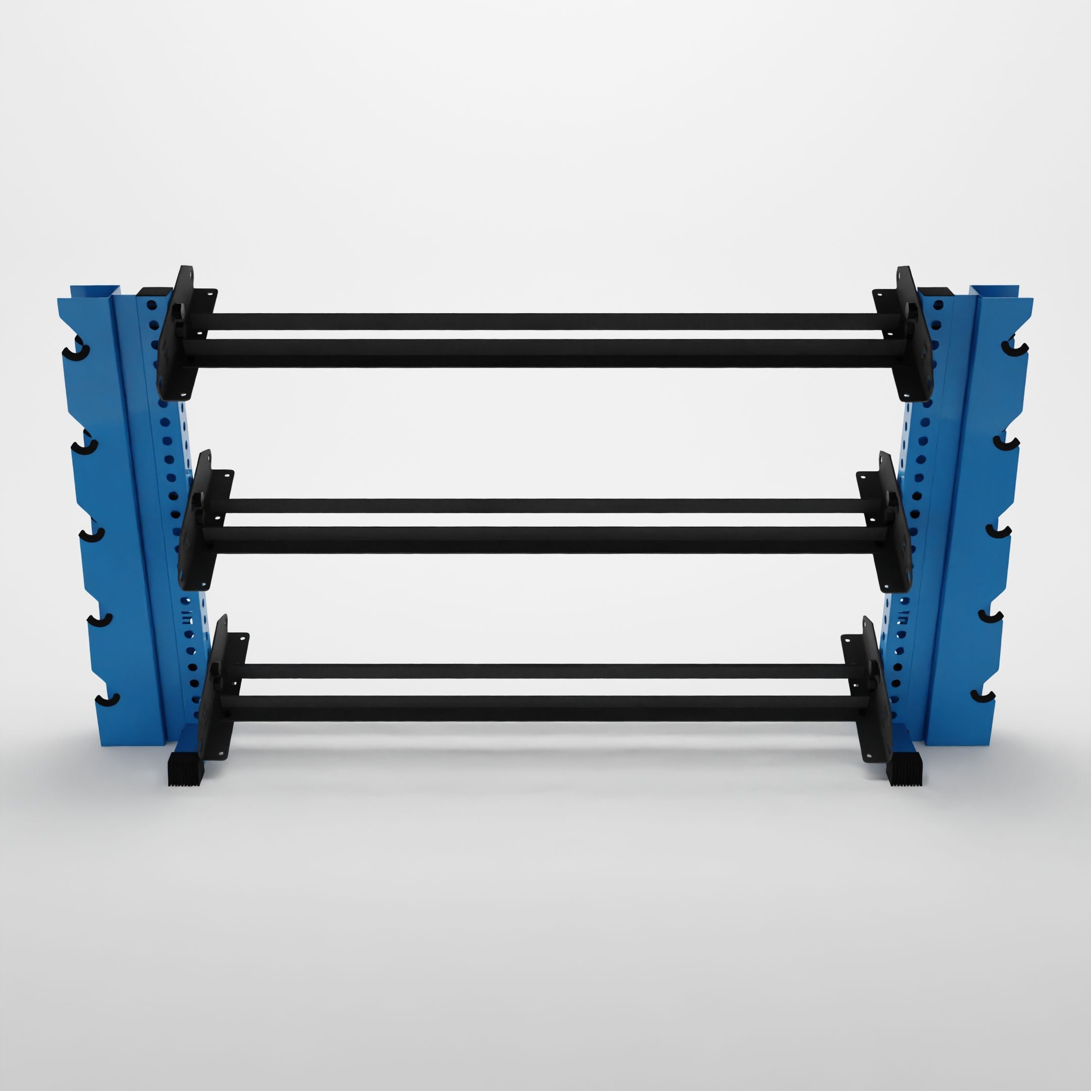 synergy blue 70-inch alpha 3-tier horizontal dumbbell rack with elite vertical add-ons