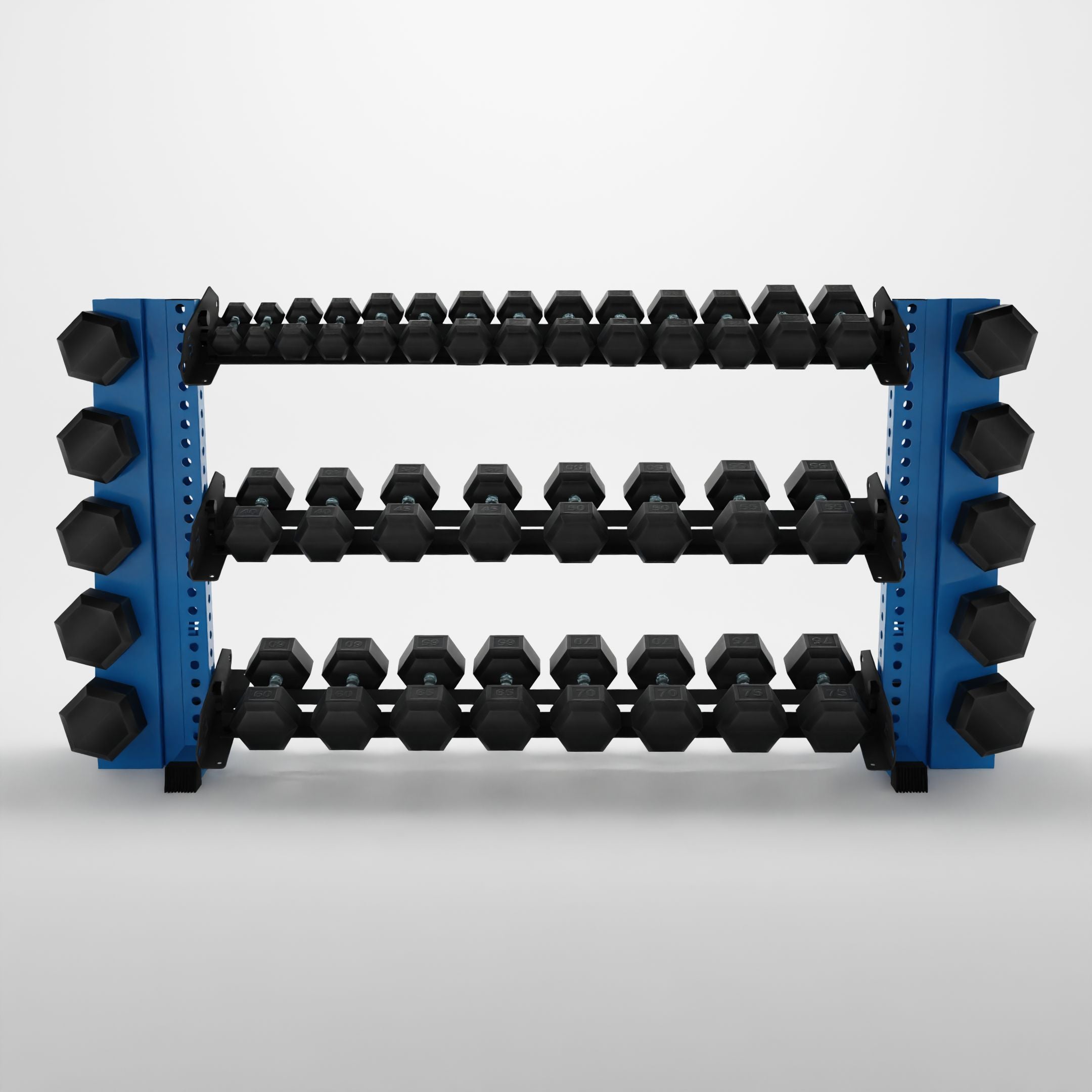 synergy blue 70-inch alpha 3-tier horizontal dumbbell rack with elite vertical add-ons storing hex dumbbells