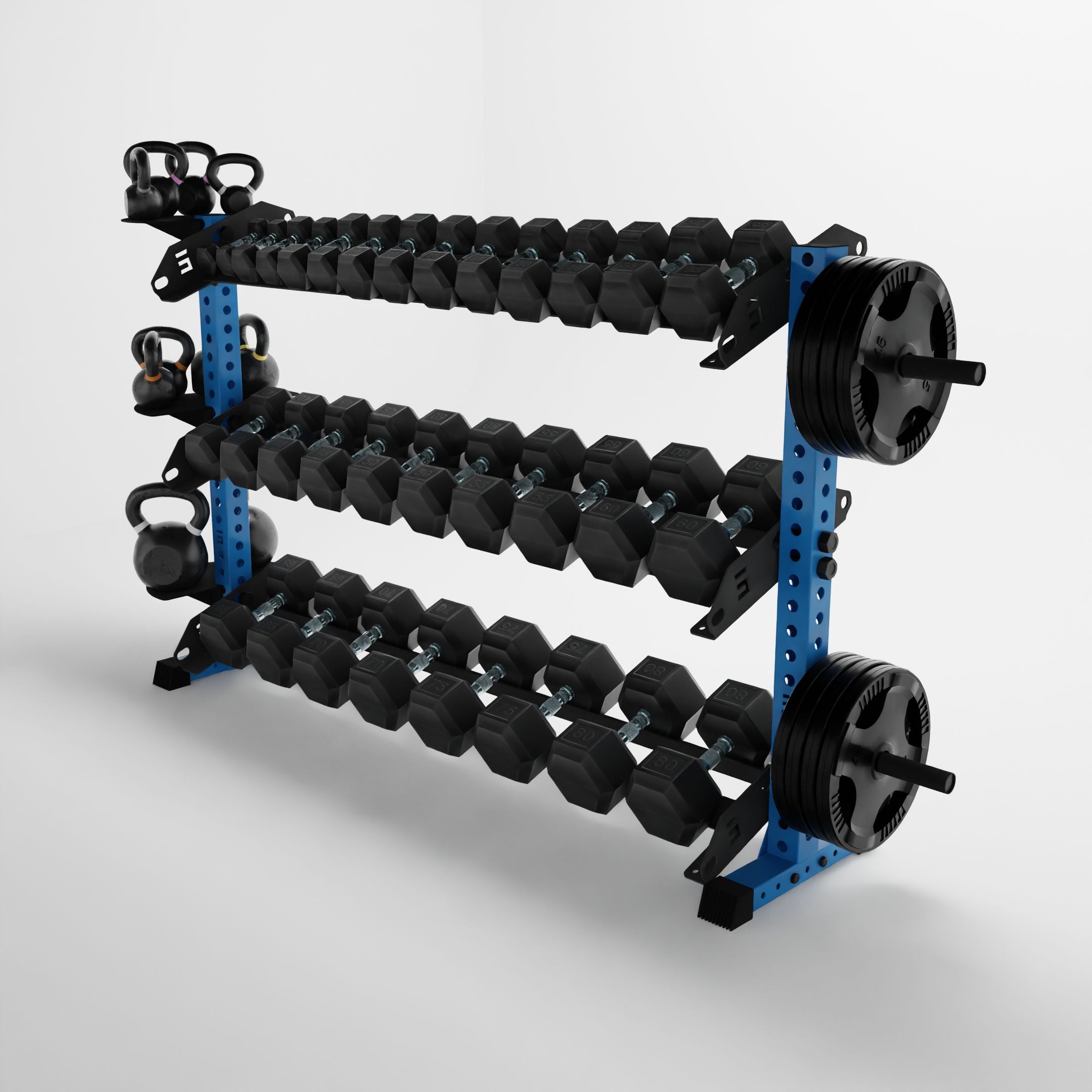 synergy blue 70-inch alpha 3-tier horizontal dumbbell rack storing dumbbells, weight plates, and kettlebells using storage attachment accessories