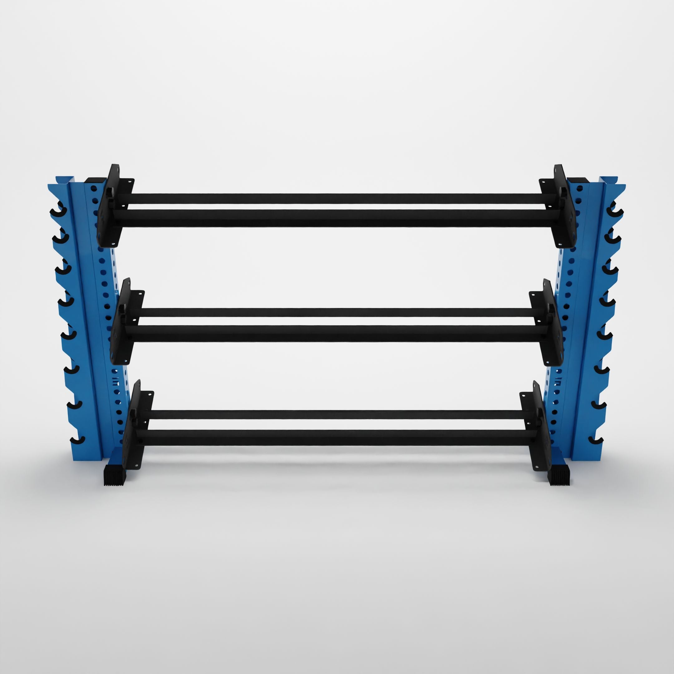 synergy blue 70-inch alpha 3-tier horizontal dumbbell rack with vertical add-ons