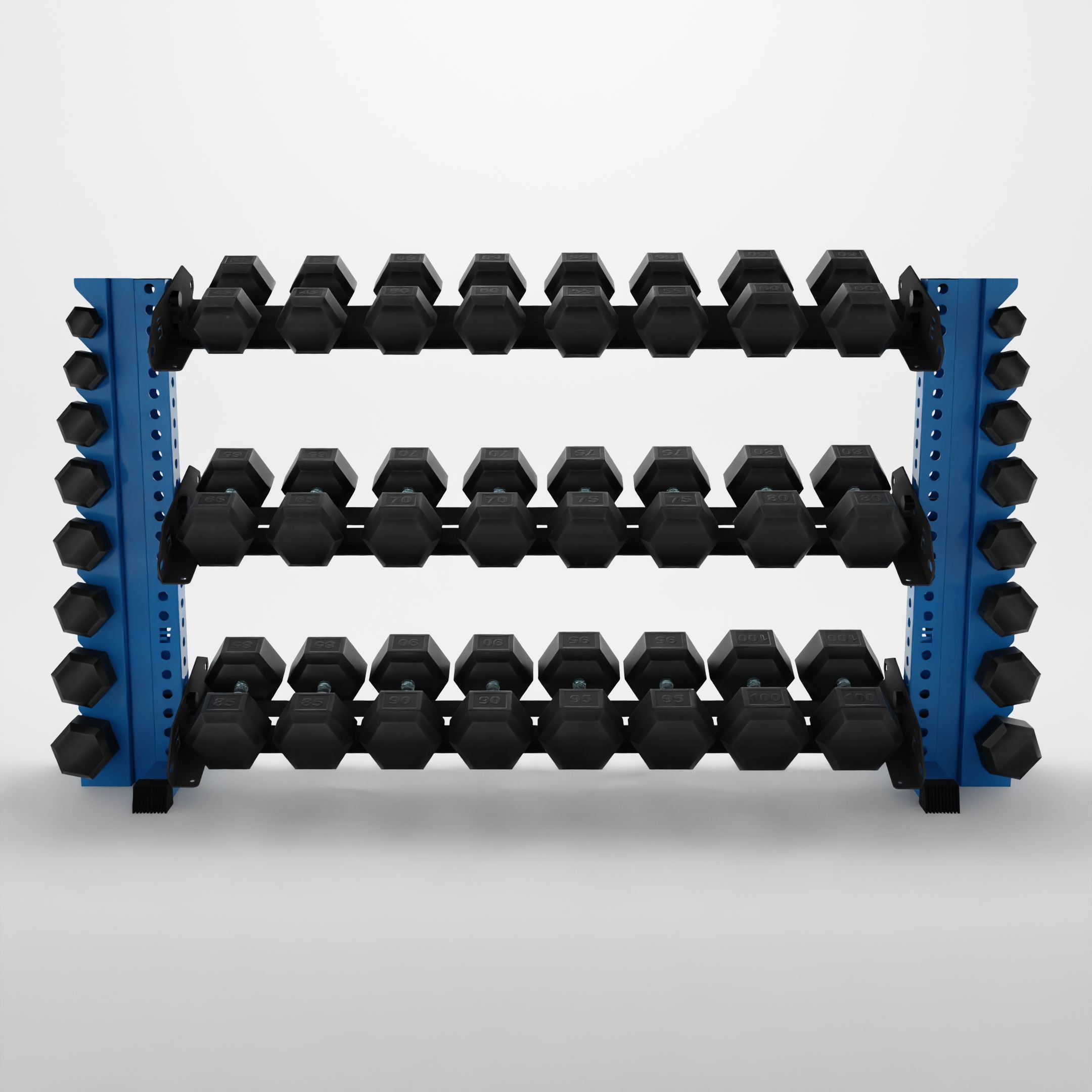 synergy-blue 70-inch alpha 3-tier horizontal dumbbell rack with vertical add-ons storing hex dumbbells