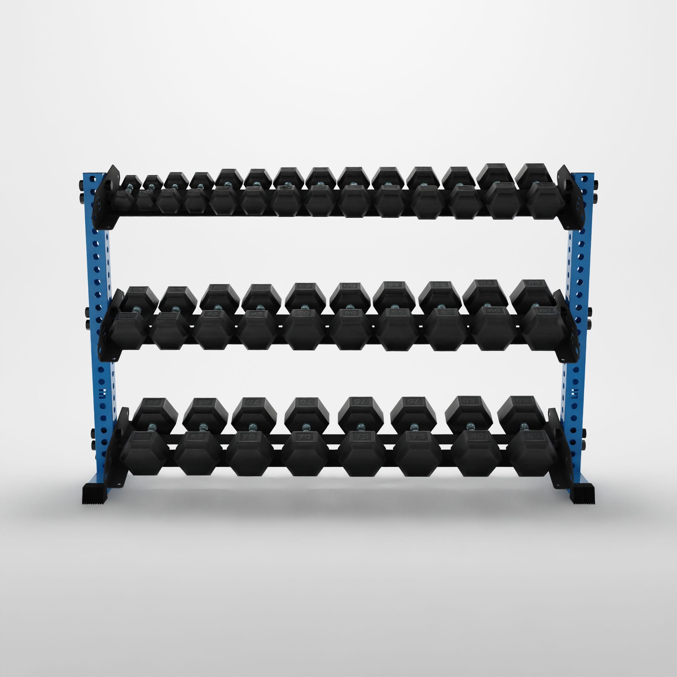 synergy blue 70-inch alpha 3-tier horizontal dumbbell rack storing hex dumbbells