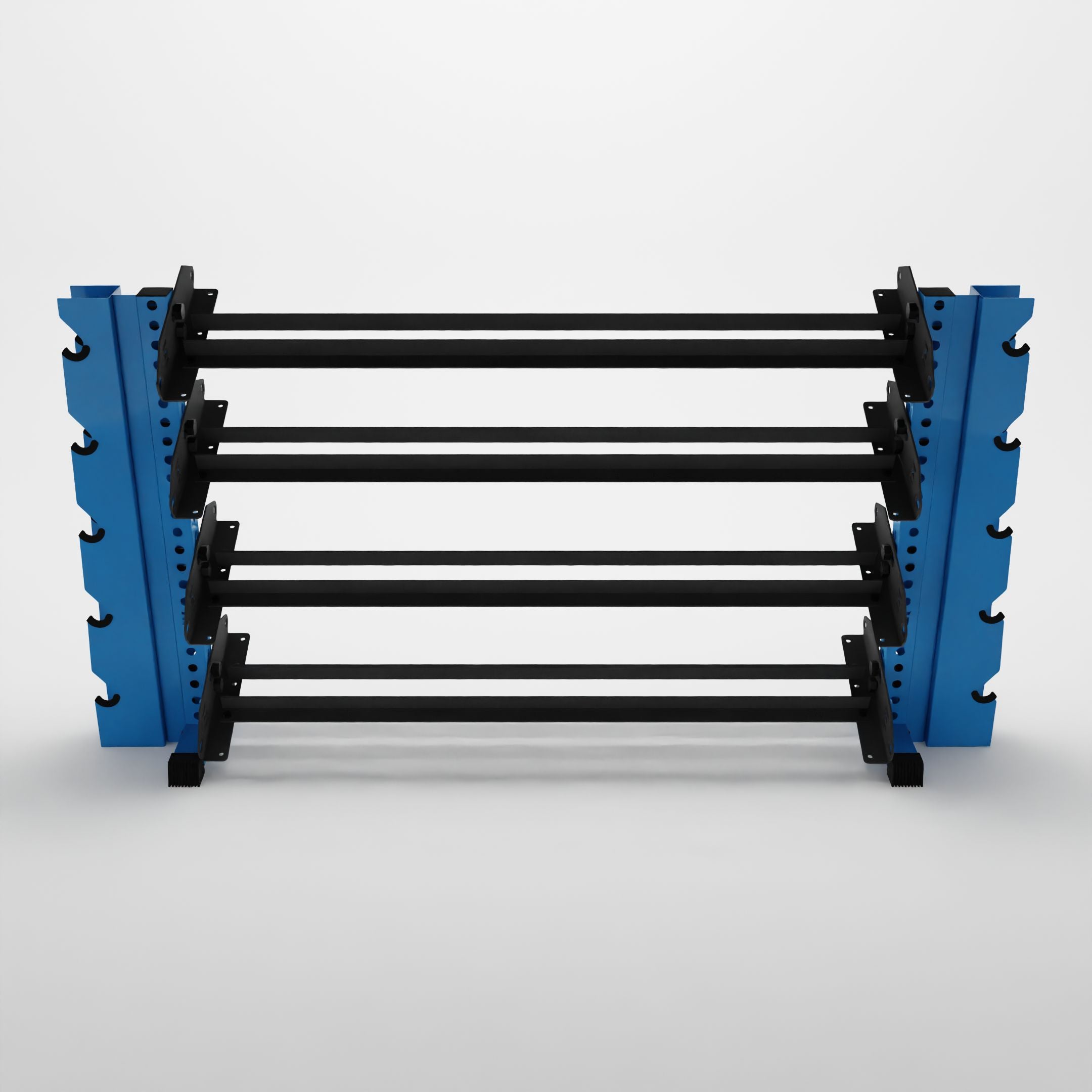 synergy blue 70-inch alpha 4-tier horizontal dumbbell rack with elite vertical add-ons