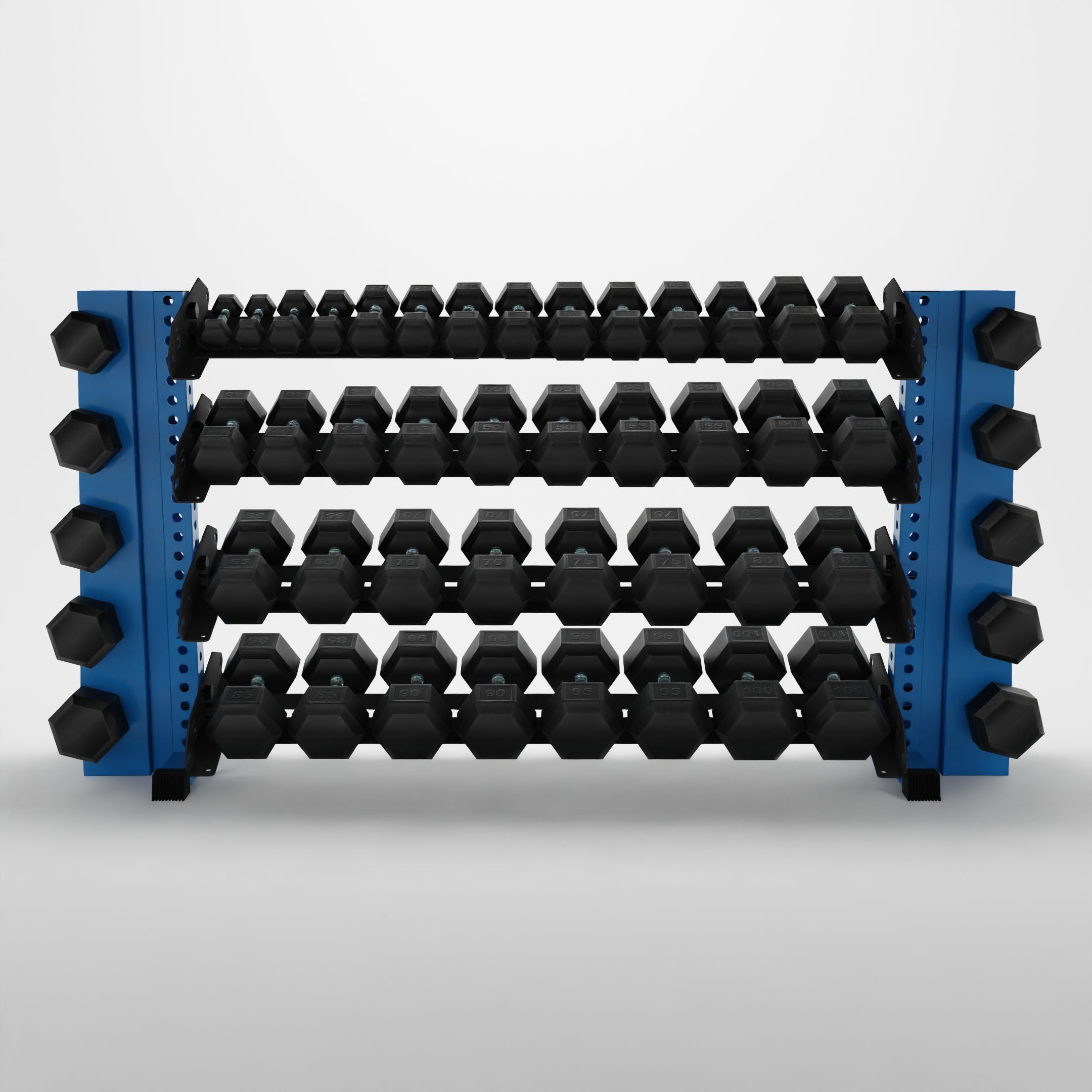 synergy blue 70-inch alpha 4-tier horizontal dumbbell rack with elite vertical add-ons storing hex dumbbells