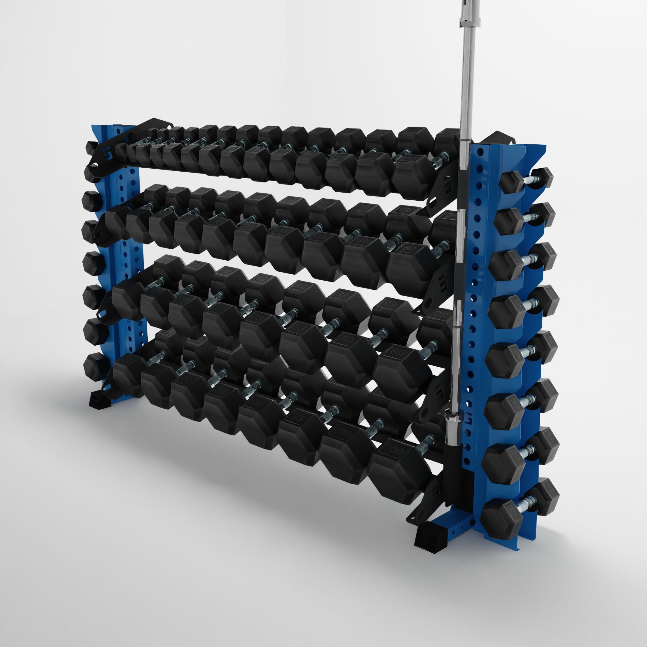 synergy blue 70-inch alpha 4-tier horizontal dumbbell rack with vertical add-ons storing hex dumbbells and a barbell using a storage attachment accessory