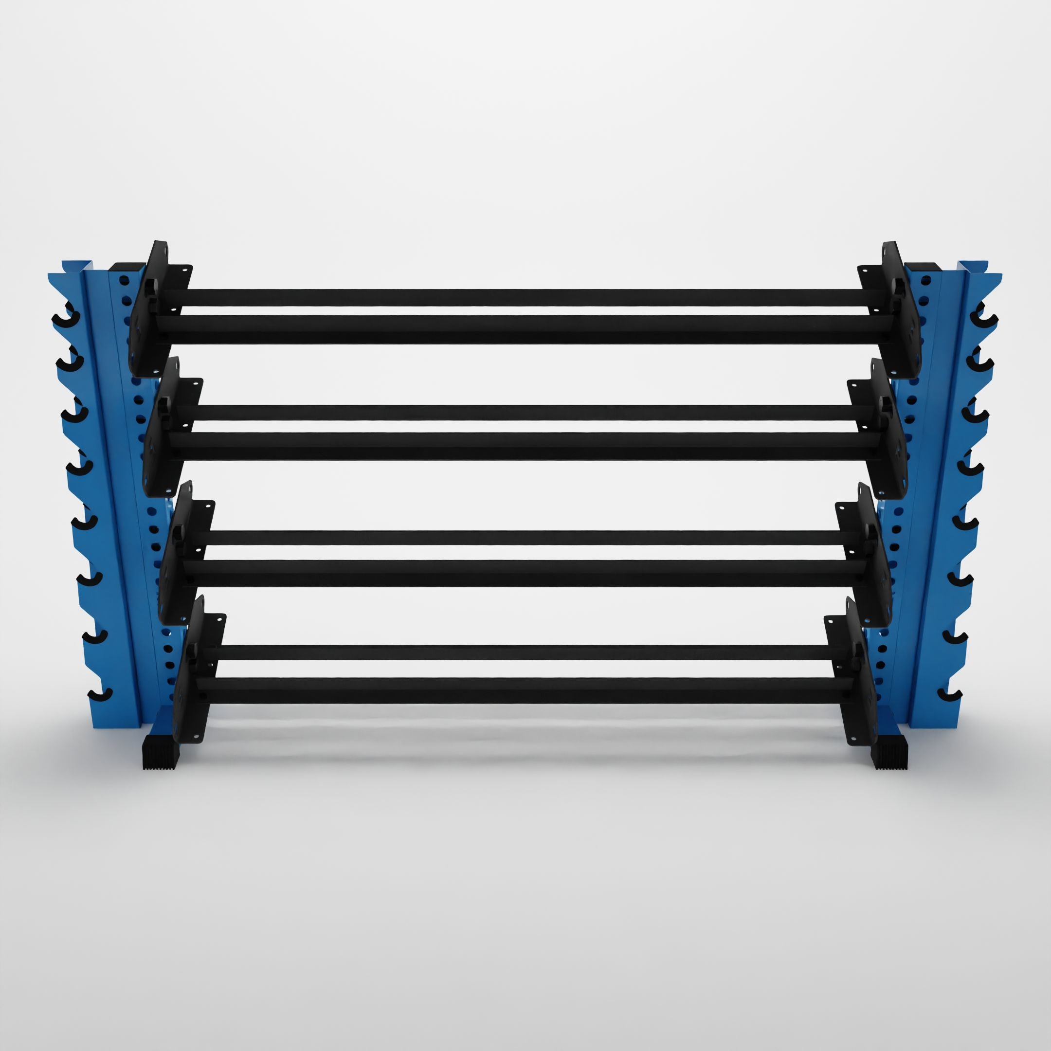 synergy blue 70-inch alpha 4-tier horizontal dumbbell rack with vertical add-ons