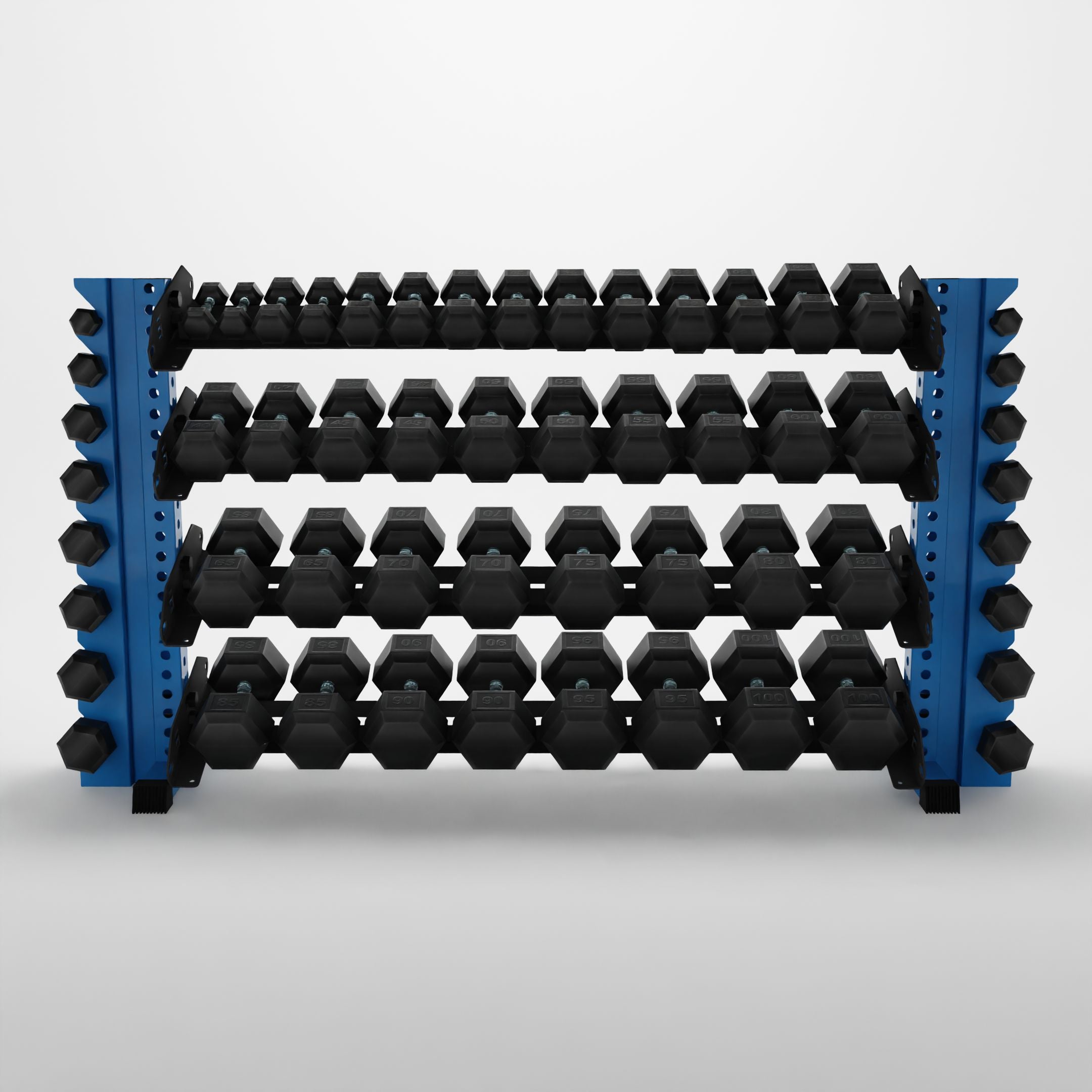 synergy blue 70-inch alpha 4-tier horizontal dumbbell rack with vertical add-ons storing hex dumbbells