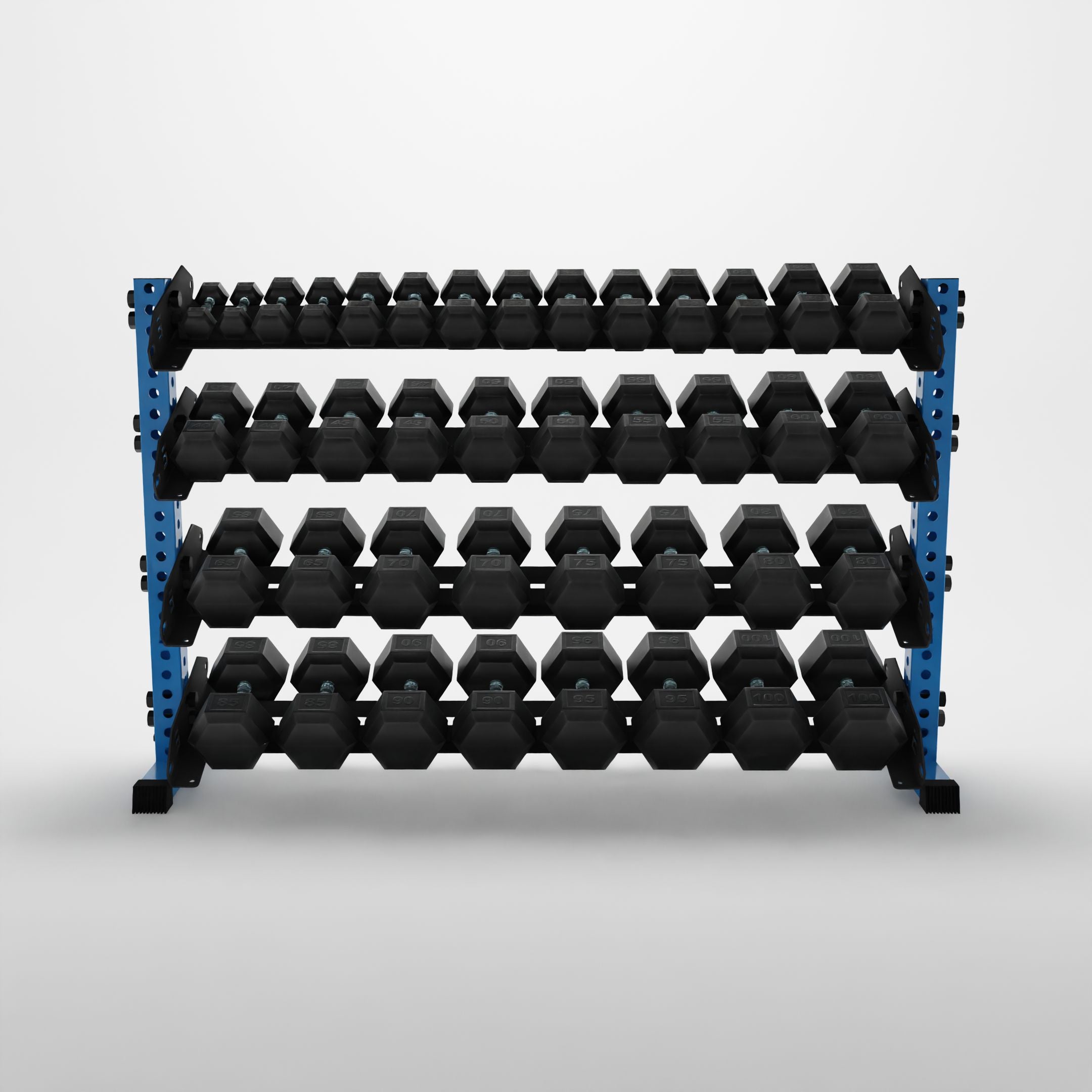 synergy blue 70-inch alpha 4-tier horizontal dumbbell rack storing hex dumbbells