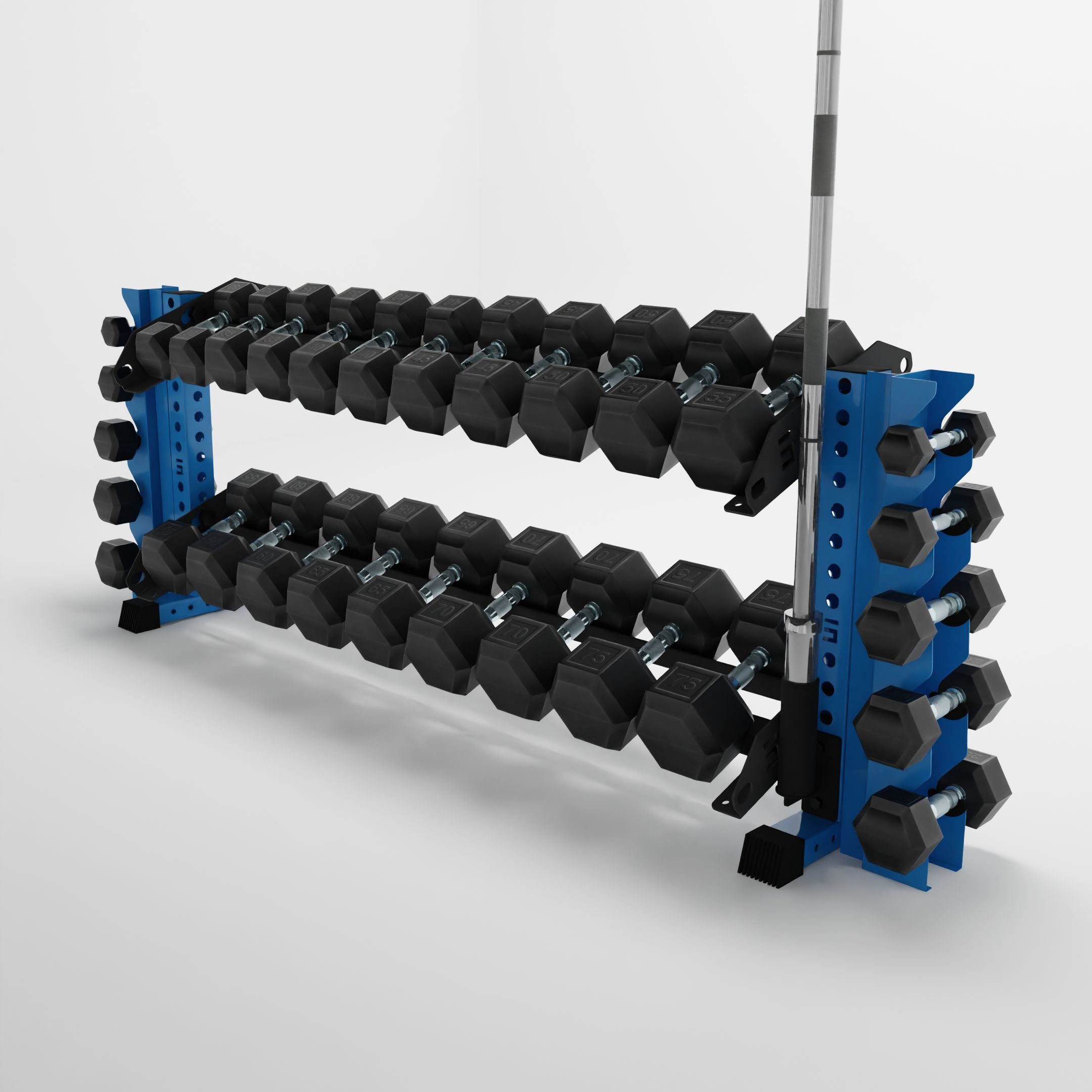 synergy blue 70-inch bravo 2-tier horizontal dumbbell rack with vertical add-ons storing dumbbells and a barbell using a storage attachment accessory